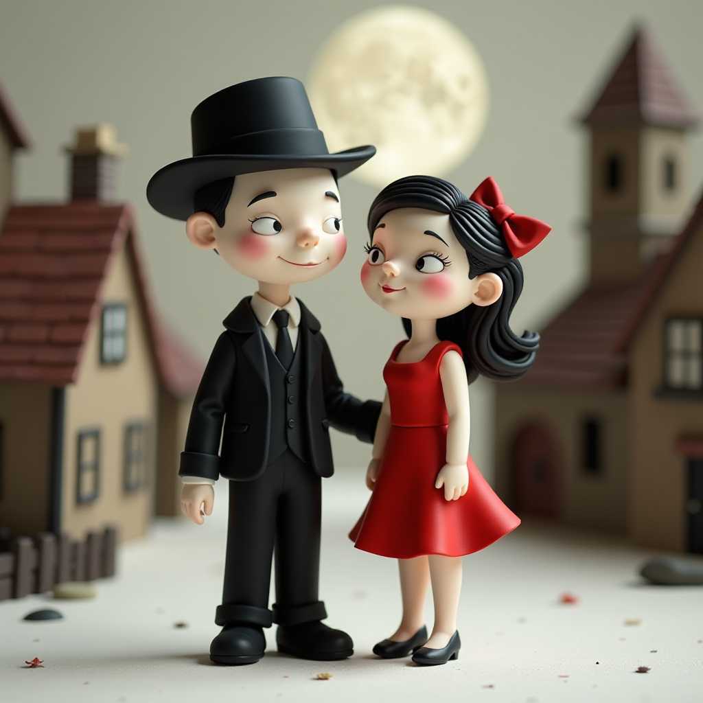 This image features characters that appears to be stopmotion clay animation figures standing close together, but not touching. The art style is whimsical and cartoonish, with exaggerated facial features and a playful, fantastical quality. The medium seems to be a soft, pliable clay, which is a common material for stopmotion animation. The characters skin is a pale, almost white color, which is a common choice in cartoons to emphasize the features. The man is wearing a black suit with a matching fedora hat, which gives him a classic, somewhat mysterious appearance. The woman is dressed in a red dress with a formfitting silhouette, which accentuates her figure. The red of her dress stands out against the pale background, drawing the viewers attention.The objects in the image are quite minimalistic. The woman is wearing a pair of black high heels, which is a subtle detail that adds to her characters appearance. Overall, the image has a playful and slightly ominous atmosphere, with the characters posed near eac othet n a way that suggests a narrative or a storyline. The simplicity of the design and the use of color and line work create a charming and engaging visual. Quaint village background, midnight, full moon.