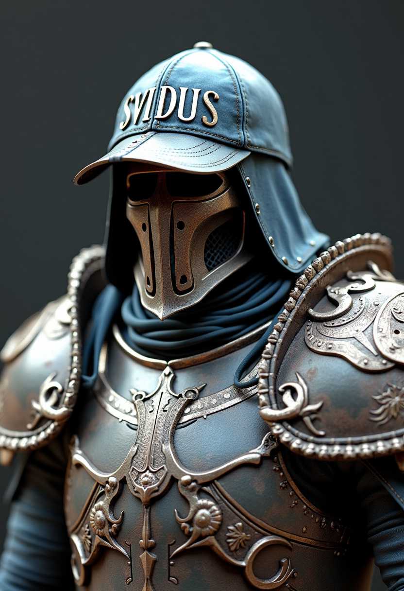 A 3D render of a super realistic, super high-definition, and ultra-high-detail armor inspired by Adar Tolkien and Mordor. The armor is placed on a grey background. The armor has intricate patterns and extreme detail. The armor is wearing a sports denim hat with the word "SVIDUS" on it.