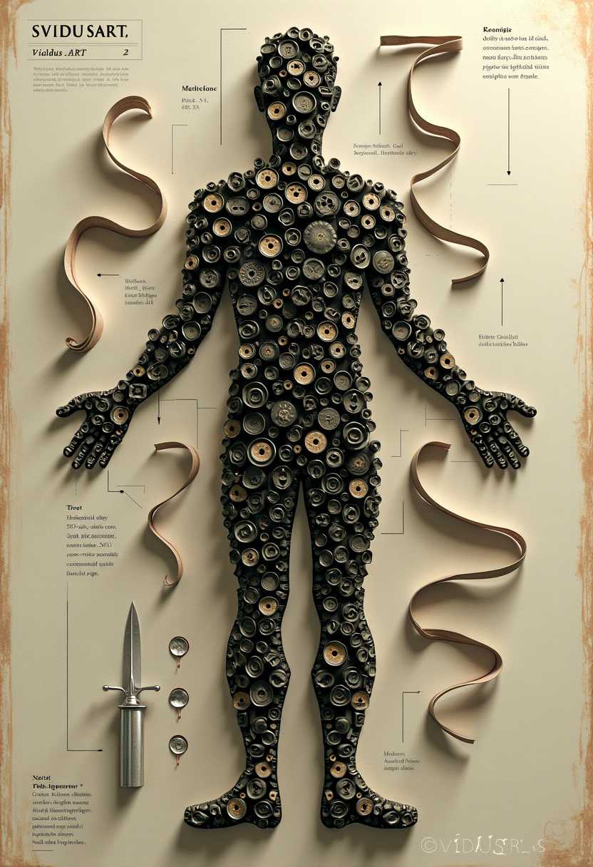 A high-resolution render of a digital artwork titled "SVIDUS ART" by the talented artist R.L., with a 2D male silhouette composed entirely of intricately arranged typewriter keys and ribbons. The man's figure seamlessly blends the nostalgic essence of a vintage typewriter with the organic form of the human body. There is a subtle visual guide to the typewriter components in one corner of the artwork. The signature of "SVIDUS R.L." is subtly integrated into the ribbon.