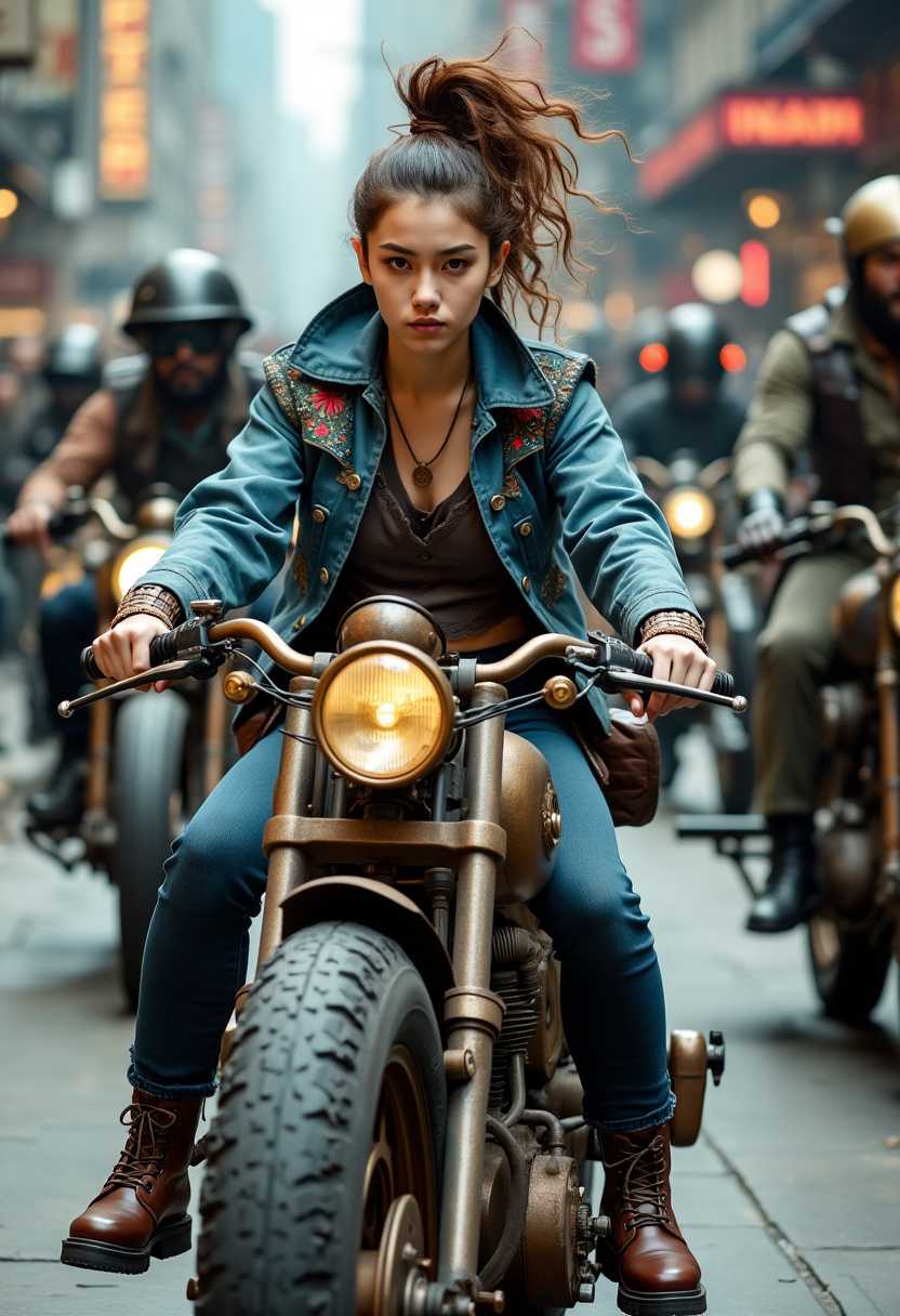A photo of a bustling steampunk-inspired city street scene. In the foreground, a young woman with an elaborate hairstyle is riding a custom steampunk motorbike. The bike has large wheels, thick tyres, and a rustic metal frame. The woman is wearing a detailed blue jacket with intricate embroidery. The background reveals a diverse range of steampunk vehicles and structures, with gears, pipes, and metallic elements. The atmosphere is tense, suggesting a scene of preparation or confrontation.