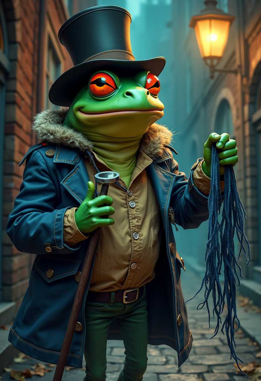 A mysterious and criminal black market scene in a dimly lit alley. A frog with a top hat and cane is selling denim ripped skeins. The frog is wearing a tattered coat and has a scar over one eye. The background contains a brick wall and a lamp post.