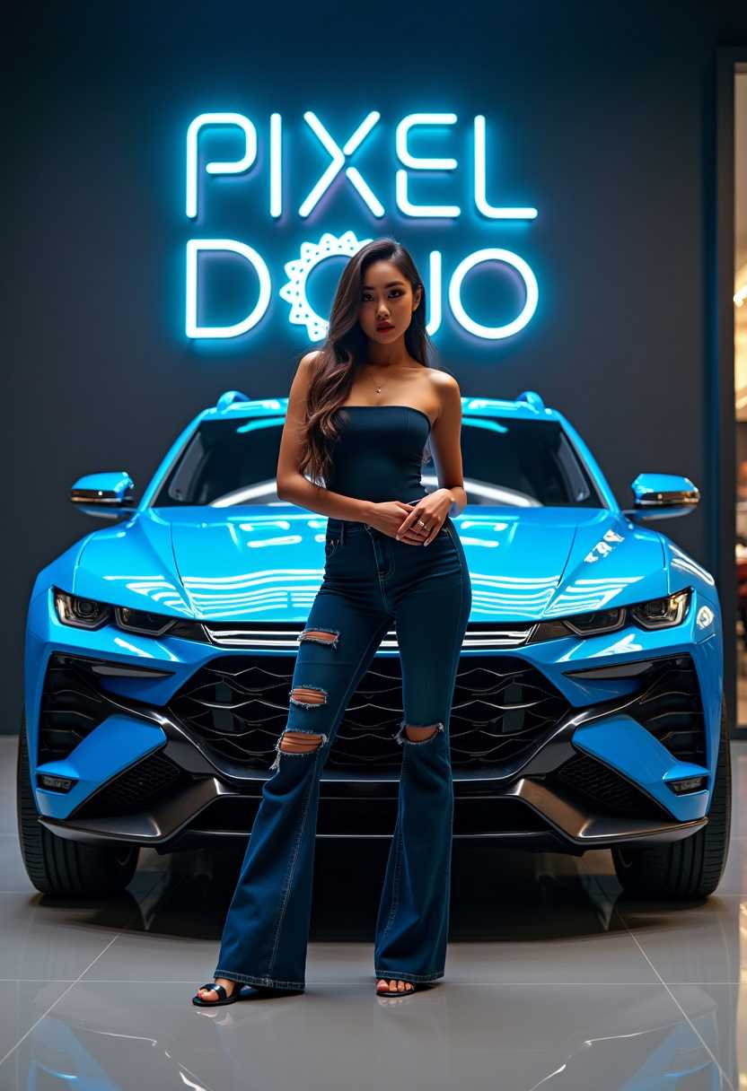 A captivating photograph of a trending model in 2025, standing confidently in a luxurious showroom. The futuristic Jeep car, with its vibrant blue exterior, catches the eye with its sleek, aerodynamic design and bold accents. The model's pose highlights the cutting-edge innovation and technology, enticing potential buyers. The background features a dark neon wall displaying the "PIXEL DOJO" logo in large, metallic letters. The image immerses viewers in the world of high-performance luxury vehicles, promising an unparalleled driving experience., photo