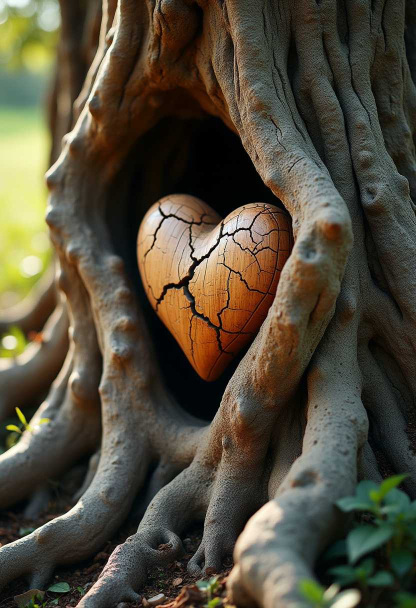 A captivating close-up photograph of an ancient tree with a large hollow at its core that houses a beautifully carved jeans pocket wooden structure. The tree's bark is worn and knotted, while the heart, although intricately designed, displays signs of wear and age, with cracks running through its grain. The tree's roots intertwine with the wooden heart, creating a mesmerizing fusion of nature and artistry. The scene is bathed in soft, warm sunlight, which highlights the tree's vibrant colors and enhances the heart's intricate details. This evocative image, reminiscent of a cinematic poster, captures the essence of strength and fragility, inviting viewers to ponder the interconnectedness of life and art.
