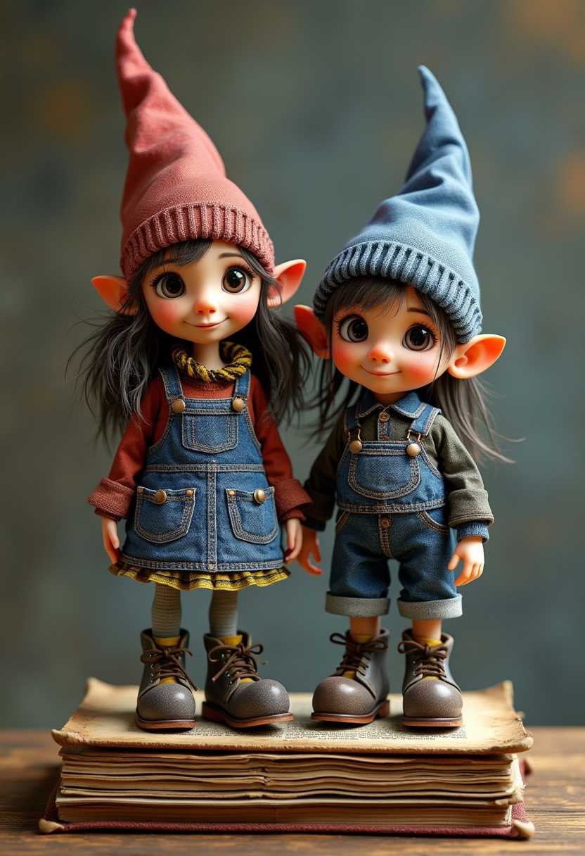 A captivating 3D render of a whimsical gnome girl and boy crafted from an eclectic mix of repurposed jeans pockets. The girl has an expressive face with a sparkle in her eye and a warm, welcoming smile on her lips, exuding a magical aura. She stands alongside the boy, who shares her intricate details and masterful highlights. Vintage books serve as the base for this enchanting duo, providing a sturdy foundation for their imaginative creation. The diverse textures and patterns of the recycled papers used are showcased, blending dark fantasy, cinematic elements, and a touch of vintage fashion. The enchanting presence of these gnomes adds a touch of magic to this extraordinary work of art, making it truly one-of-a-kind., photo, 3d render, fashion, cinematic