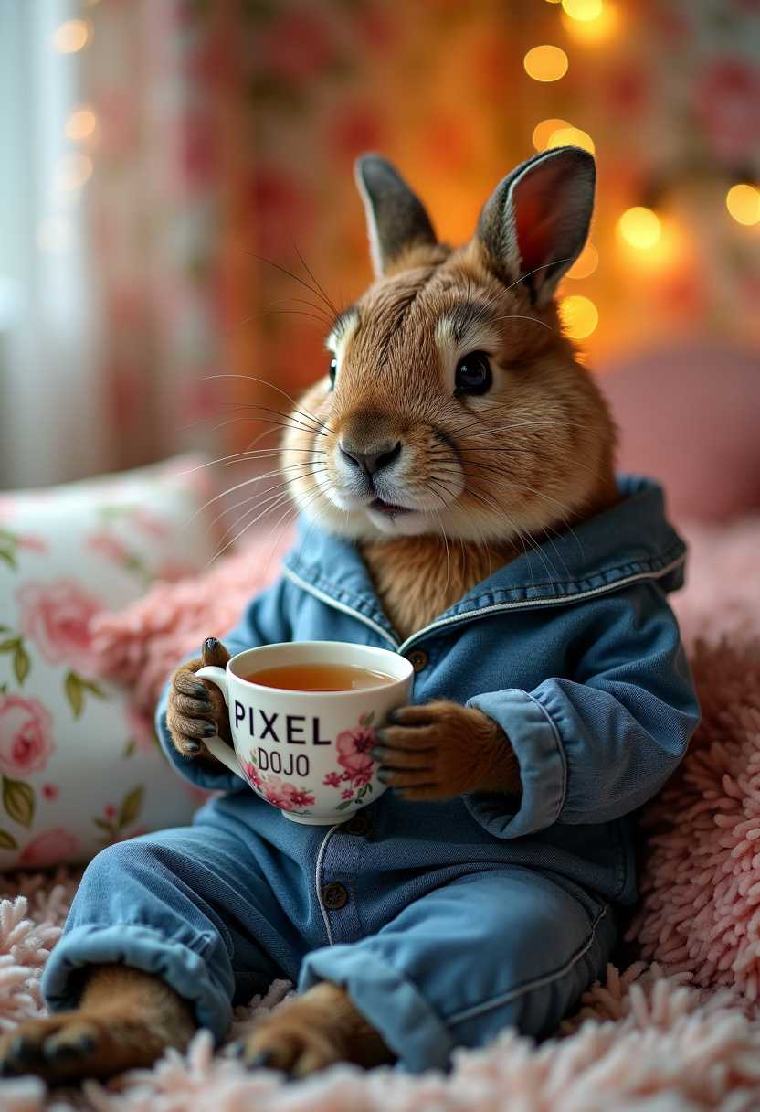 A stunning high-quality photograph of an anthropomorphic beaver wearing cozy denim pajamas, lounging in a beautifully decorated female bedroom. The beaver is holding a steaming mug of tea with the inscription PIXEL DOJO, with a delicate floral pattern. The room is filled with feminine touches, such as floral wallpaper, a plush rug, and fairy lights. As the focus of the image, the rabbit appears relaxed, with a serene expression. The background gradually blurs, creating a dreamy, soft atmosphere, perfect for unwinding after a long day., photo, cinematic, fashion