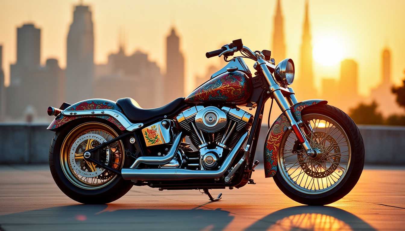 A stunning image of a one-of-a-kind motorcycle, adorned with a vibrant and intricate paint job. The custom-built frame is a blend of vintage and modern elements, showcasing the skillful craftsmanship of the creator. The cityscape in the background is alive with activity, and the setting sun casts a warm, golden light over the scene, emphasizing the captivating nature of the motorcycle.