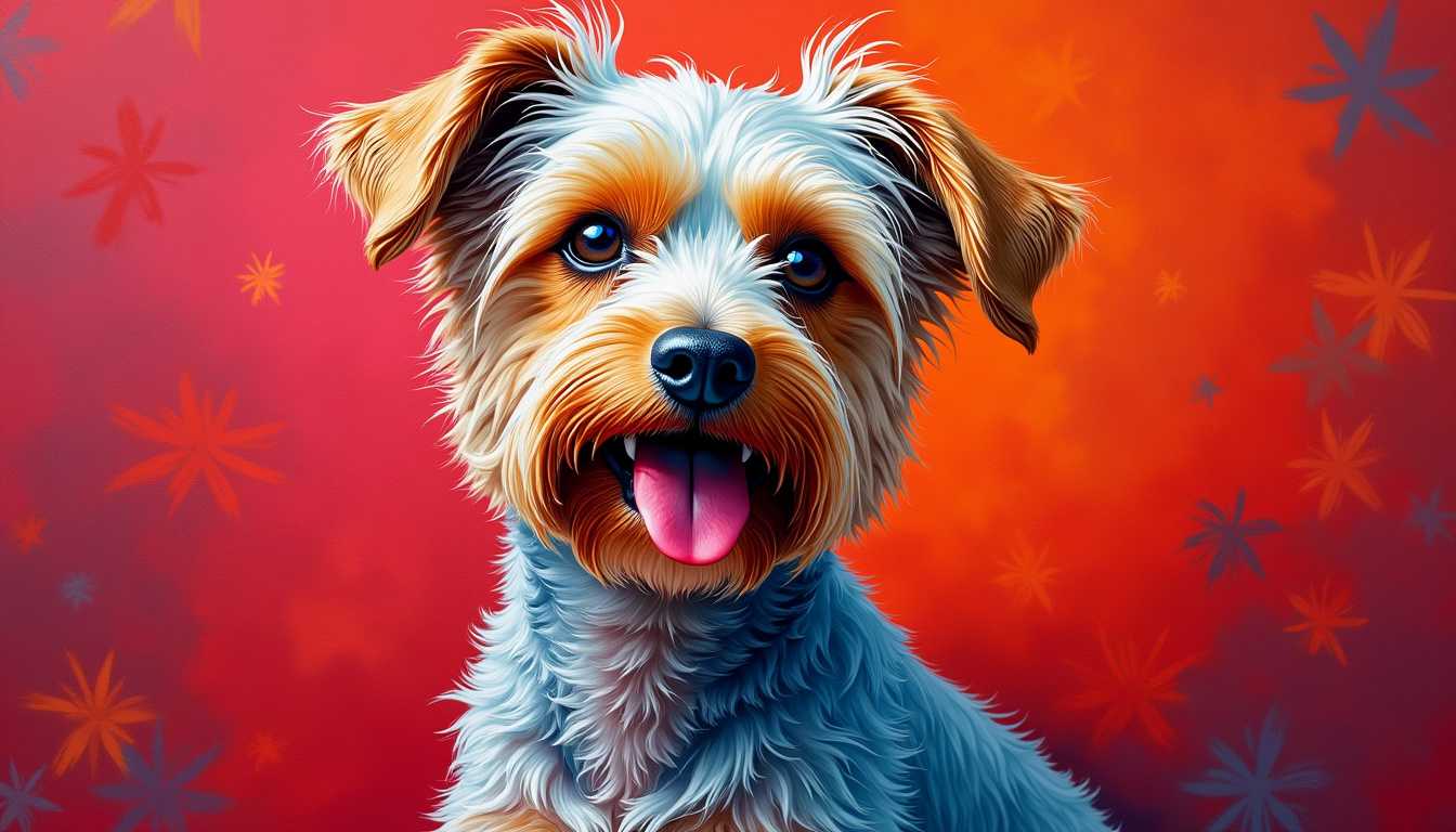 A realistic colorful drawing of a modern painting of a dog with a messy shag cut and choppy layers. The dog is sitting on a vibrant red background. The overall ambiance of the image is vibrant.