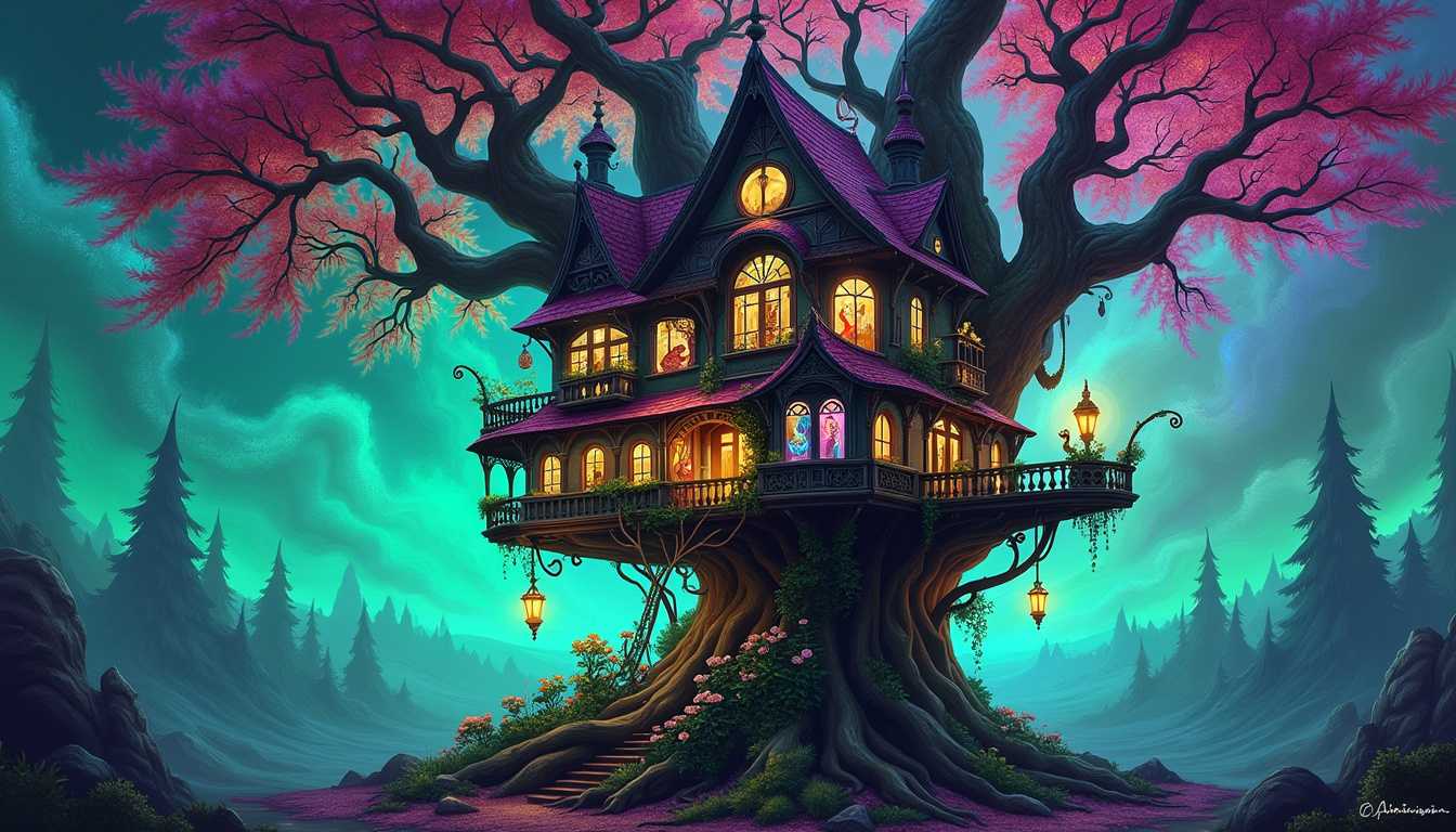 Enchanting Magical Treehouse in a Fantasy Forest at Twilight