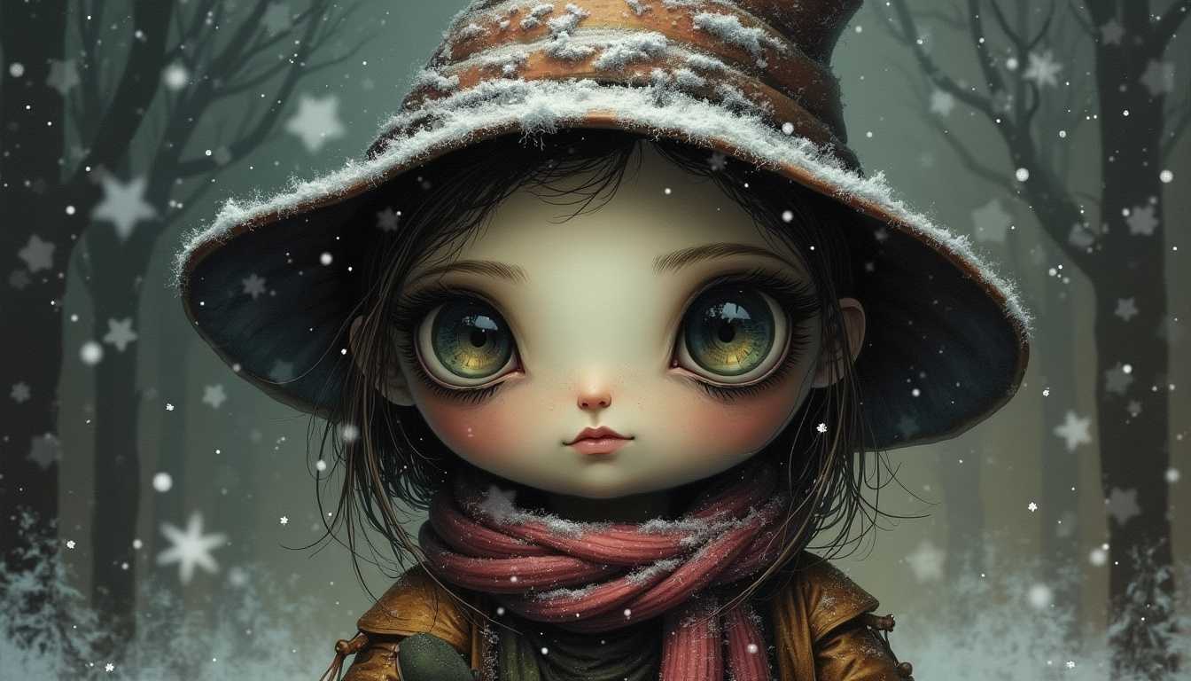 An artistic representation of a humanoid figure with large, round, and expressive eyes. The figure wears a hat and a scarf, and its attire appears to be made of a patchwork of different colors and textures. The background is a blend of dark shades with heavy snowflakes falling. The overall mood of the artwork is mysterious and whimsical., painting, illustration