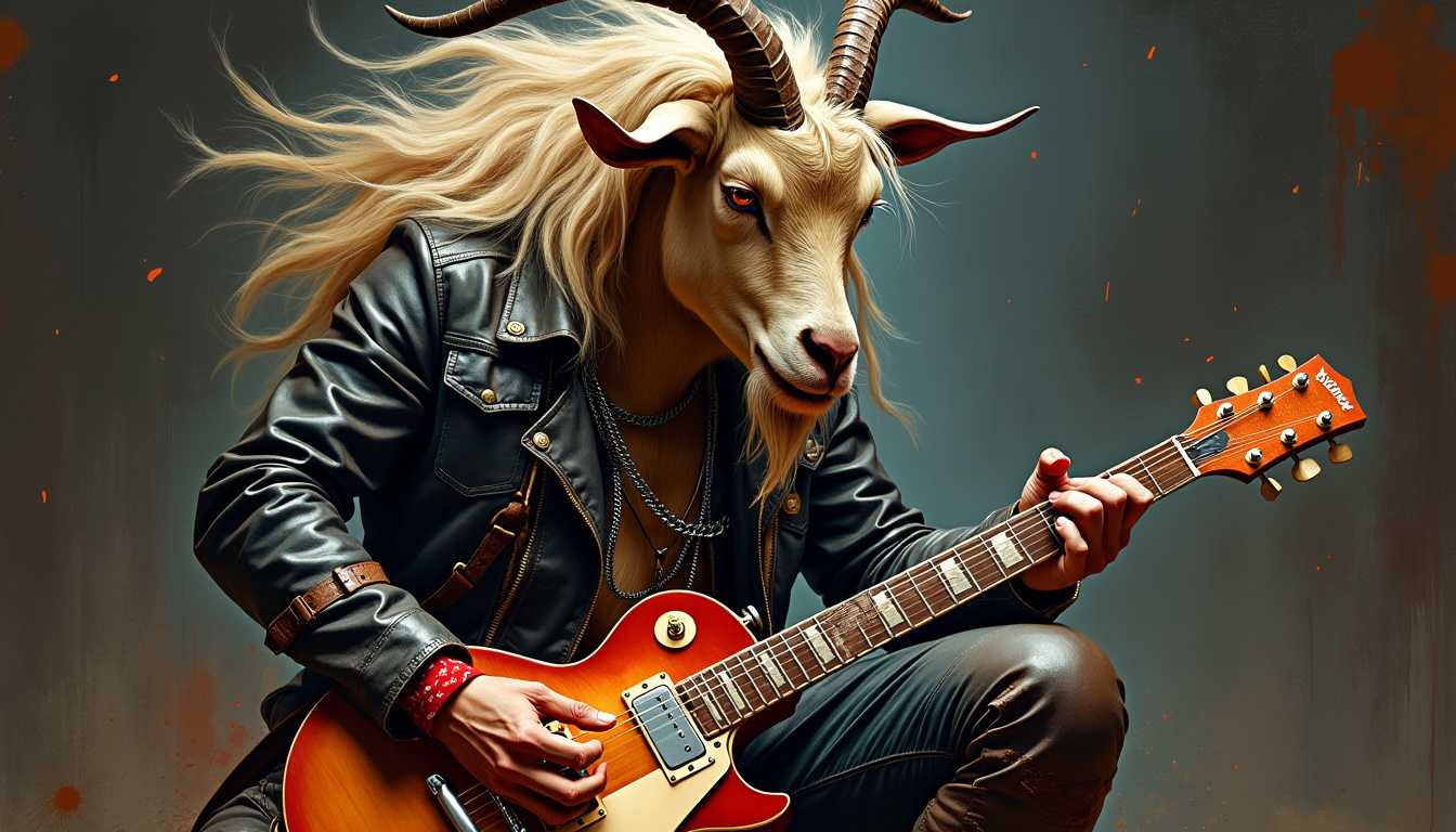 A goat with a mane that resembles flowing hair, playing an electric guitar. The goat is dressed in a rugged, leather jacket and leather pants, giving it a rockstar appearance. There are chains around its neck and a bandana ties around its thigh.The background is dark, with splatters of paint, adding to the edgy vibe of the artwork. The goat's posture and the way it grips the guitar suggest passion and intensity., painting, illustration