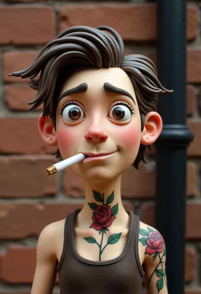 This image features a character that appears to be a stopmotion clay animation figure. The art style is whimsical and cartoonish, with exaggerated facial features and a playful, fantastical quality. The medium seems to be a soft, pliable clay, which is a common material for stopmotion animation. The figures hair is styled in a modern, somewhat unkempt fashion, with strands sticking out in different directions, giving a sense of movement and realism. The hair is detailed with a variety of shades and highlights, which further enhance its threedimensional quality.On the figures neck, there is a tattoo of a rose with green leaves, which is painted in a realistic style. The tattoo is positioned in a way that it wraps around the neck and shoulders, adding a sense of continuity and flow to the sculpture.The figures facial features are welldefined, with a prominent nose, a furrowed brow, and a cigarette resting between the lips. The cigarette is a realistic detail, with a lit end and smoke curling upwards, adding a sense of dynamism to the otherwise static sculpture.The background of the image is quite simple, consisting of a brick wall and a cylindrical black object, which could be a pipe or a column. This background is intentionally plain to ensure that the focus remains on the sculptures details and textures.Overall, the sculpture is a testament to the artists skill in creating a lifelike representation with a strong emphasis on texture and color. The attention to detail in the hair, the tattoo, and the facial features, along with the realistic portrayal of the cigarette, make this a compelling piece of art.