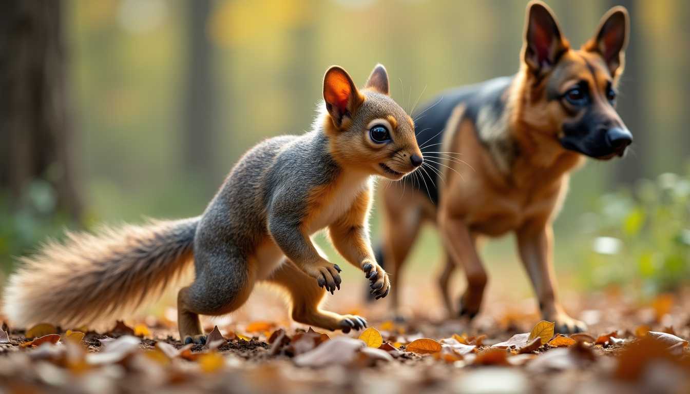 Robot Squirrel walking a german shepherd