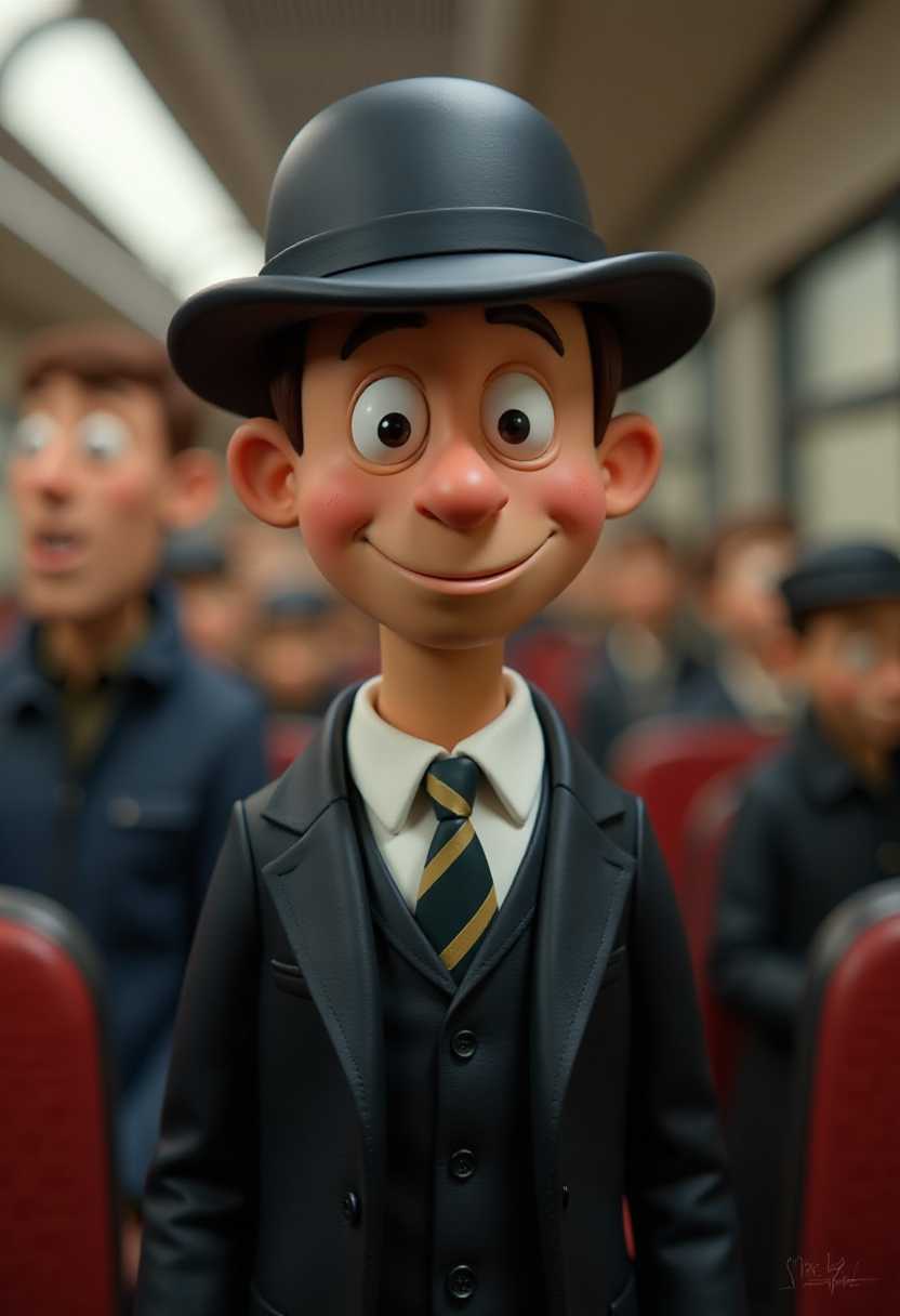 This image features a character, using public transport to get around London, that appears to be a stopmotion clay animation figure. The art style is whimsical and cartoonish, with exaggerated facial features and a playful, fantastical quality. The medium seems to be a soft, pliable clay, which is a common material for stopmotion animation. a person dressed in a formal attire. The person is wearing a classic, darkcolored suit with a welltailored jacket and a crisp, white shirt. The shirt is buttoned up to the collar, and the person is wearing a tie with diagonal stripes, which adds a touch of sophistication to the outfit.The person is also wearing a bowler hat, which is a traditional headwear item often associated with vintage or classic styles. The hat is black, and it has a rounded top with a flat brim, which is characteristic of the bowler hats design. The hat is positioned on the persons head, and it is slightly tilted to one side, giving the person a distinguished and somewhat enigmatic appearance. 
