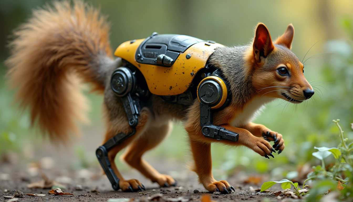 Robot Squirrel walking a german shepherd