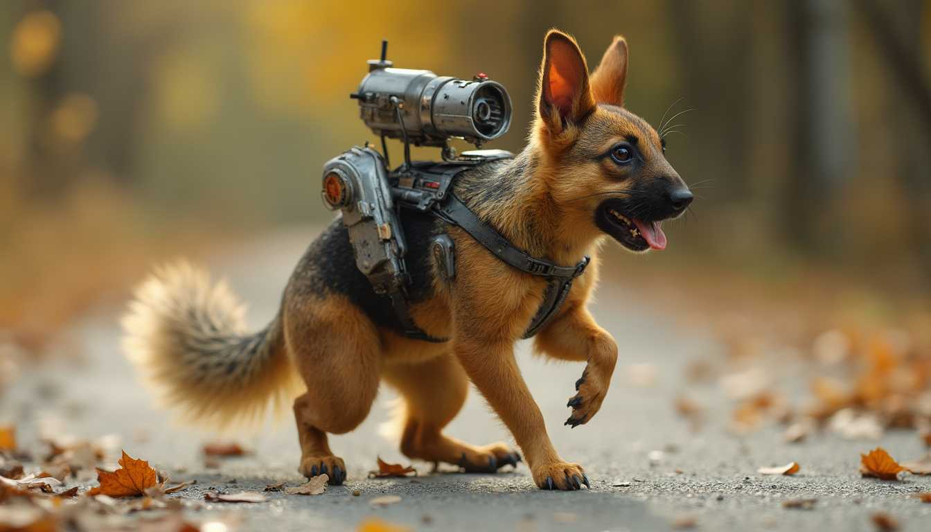 Robot Squirrel walking a german shepherd