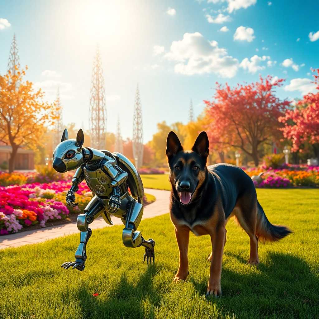 Title: "Robotic Squirrel Walking a German Shepherd in a Futuristic Park"

Prompt: In a vibrant futuristic park bathed in the warm glow of a late afternoon sun, a highly detailed robotic squirrel is depicted walking a majestic German Shepherd. The robot squirrel, crafted with intricate metallic textures and sleek design, possesses expressive eyes that convey curiosity and intelligence. Its form is partially transparent, revealing glowing circuits and gears within.

The German Shepherd, with its well-groomed coat of black and tan, walks confidently beside the squirrel, showcasing its strong build and graceful movement. The surrounding park features lush green grass interspersed with vivid, technicolor flowers and shimmering holographic trees. Hovering near the path are small drones, adding a touch of advanced technology to the scene.

The composition captures the essence of harmony between nature and technology, with the camera angling slightly upwards to emphasize the towering holographic trees against a brilliant blue sky speckled with feathery clouds. The atmosphere is serene and slightly futuristic, accentuating the park's utopian feel. Use a cinematic style with soft focus and a shallow depth of field to bring attention to the unlikely duo, highlighting their bond amidst an advanced yet peaceful world.