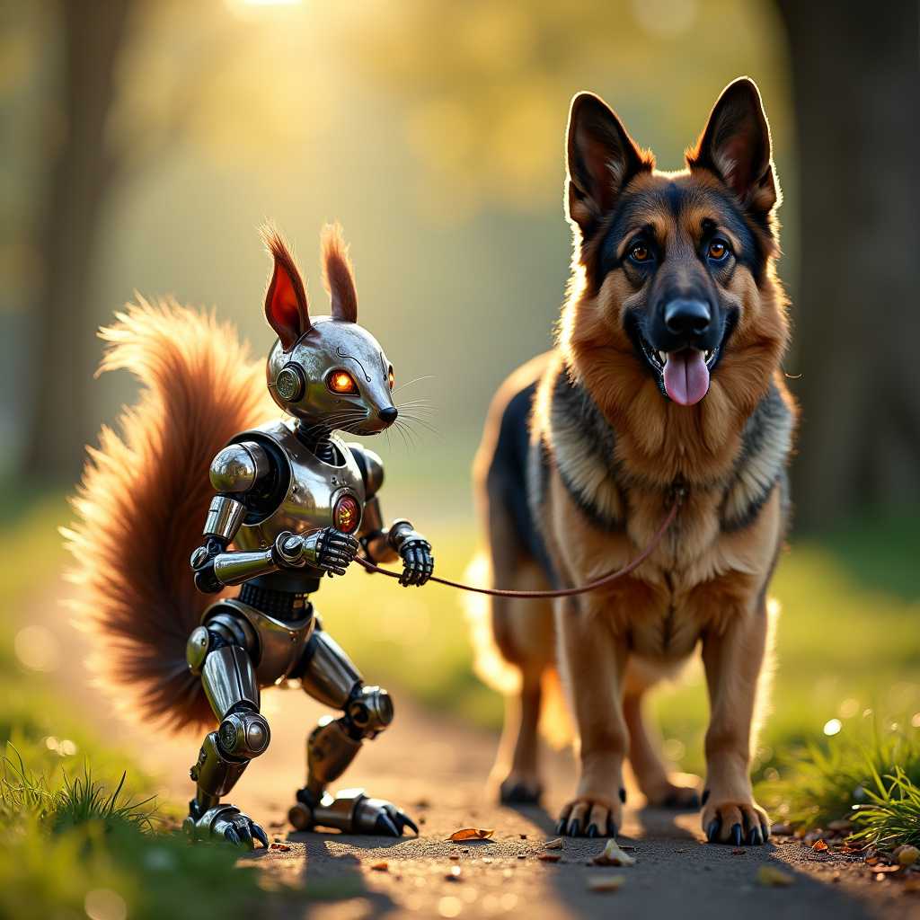 Title: "Robot Squirrel and German Shepherd Adventure"

Create an imaginative scene featuring a whimsical robot squirrel, crafted from polished steel and copper, its design reminiscent of retro-futuristic aesthetics with visible gears and glowing led eyes. The robot squirrel is walking a majestic German Shepherd, a breed known for its intelligence and loyalty. The dog's fur is rich in texture, a blend of sable and black, reflecting the sunlight in dappled patterns.

The setting is a serene, lush park during early morning, where golden sunlight filters through the trees, casting intricate shadows on the path. Soft-focus in the background reveals dewdrops hanging from the blades of grass, emphasizing a fresh, crisp atmosphere. The composition: the squirrel is at the left-third of the frame, slightly elevated on hind robotic legs holding a leash connected to the German Shepherd, who occupies the right-third, its stance proud and confident.

This image should have a playful, light-hearted mood, highlighting the whimsy and fantasy of everyday life through this unusual partnership. Use high-dynamic-range imaging (HDR) to capture the vividness and contrast between the metallic body of the robot squirrel and the natural fur and environment. The overall tone should blend elements of realism with fantastical imagination, inviting the viewer into a world where such