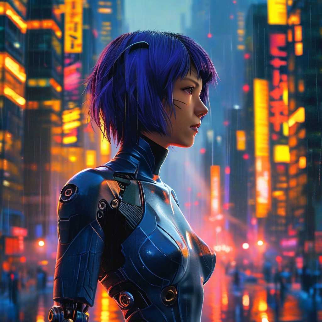 **Prompt**: Create an image of Motoko Kusanagi from "Ghost in the Shell," depicted in a cyberpunk, futuristic cityscape at dusk. The image should capture her iconic appearance, featuring her distinct purple hair that reflects the neon glow of the city lights. She wears a sleek, form-fitting tactical suit with intricate tech details that hint at her cybernetic enhancements. Motoko is framed in the foreground, her pose exuding confidence and readiness, with her eyes reflecting the complex neural network she interfaces with. The bustling city behind her, depicted with sharp clarity, is a tapestry of towering skyscrapers, holographic advertisements, and floating vehicles. The atmosphere is a blend of cool blues and vivid neon pinks, setting a mysterious, high-tech tone. Use a composition that embraces a dynamic, low-angle perspective to emphasize the grandeur and scale of the cybernetic world. Capture the essence of action and intrigue typical of a neo-noir cyberpunk setting, with dramatic shadows and highlights to enhance the mood. The visual style leans towards anime realism, integrating sharp lines and vibrant colors to render a scene that is both otherworldly and plausible.