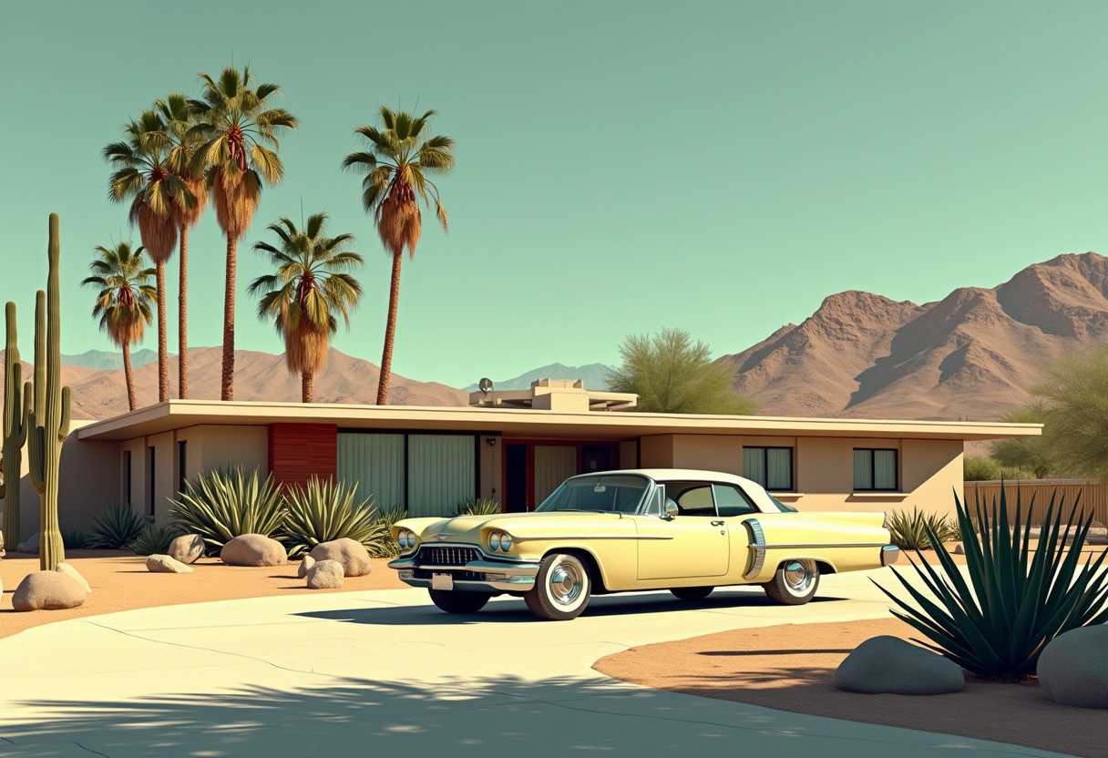 This image is a highresolution photograph that captures a vintage car parked in front of a midcentury modern home. The art style of the image is reminiscent of a sunny, warm day in a desert setting, with a focus on the interplay of light and shadow, and the use of a muted color palette that conveys a sense of calm and nostalgia.The medium of the image is photography, and it has been edited to enhance the contrast and saturation, giving it a polished and almost cinematic quality. The colors in the image are soft and harmonious, with a predominance of earthy tones such as beige, brown, and green, which complement the pale yellow of the car. The sky is a clear, pale blue, and the shadows cast by the car and the house are long and pronounced, indicating a time close to either sunrise or sunset.The objects in the image include1. A vintage car with a pale yellow body and chrome details, parked on a paved road. The car has a classic design with a long hood and short rear deck, and it is equipped with whitewall tires and chrome hubcaps.2. A midcentury modern home with a flat roof, large glass windows, and a clean, geometric design. The house is constructed with a combination of wood and glass, and it is set against a backdrop of a mountainous landscape.3. Surrounding the house and car are various desert plants and shrubs, including tall palm trees, agave plants, and a variety of succulents. The plants are wellmanicured and arranged in circular patterns around the house, creating a symmetrical and balanced aesthetic.4. There are also a few rocks and boulders scattered around the landscape, adding texture and depth to the scene.Overall, the image exudes a sense of tranquility and timelessness, capturing a moment in a sunny, desert setting that feels both familiar and exotic.