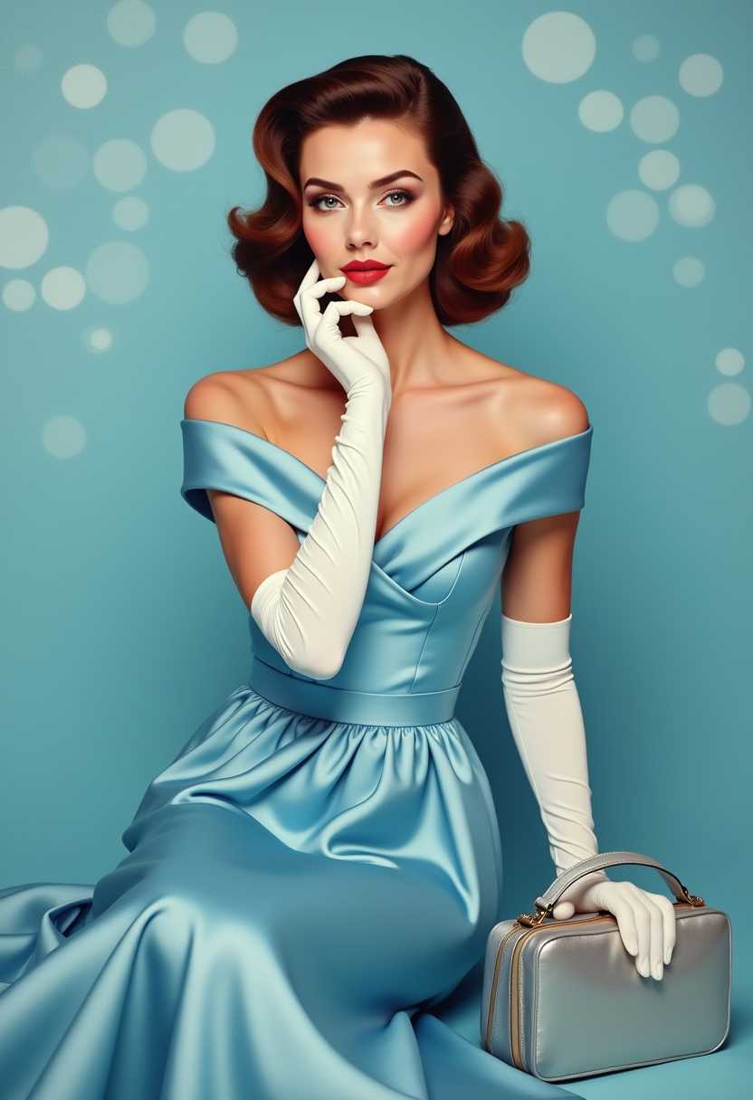 On light blue bokeh background, A young, vintage stunning 50'style woman, sitting on the floor, brown hair, grey eyes, perfect make-up, wearing a blue silk dress , long white gloves, holding a silver handbag, airbrushed oil painting
