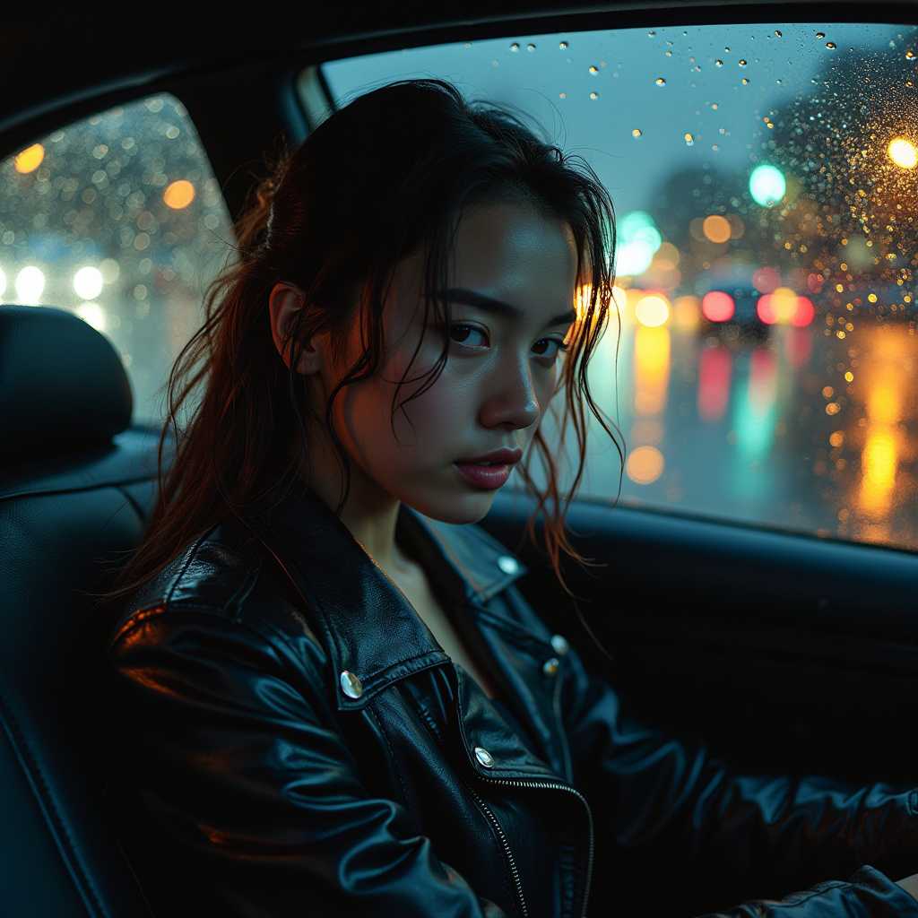 A serene scene unfolds in the dim light of a late-night car interior. On the backseat, a young woman, soaked by the rain, sits slumped, exuding a melancholic beauty. Her wet hair clings to her cheeks, shining under the diffused streetlights filtering through rain-speckled windows. She wears a drenched coat, its fabric lending a glistening texture that contrasts with the soft, warm glow from the dashboard lights. This vivid portrayal captures the essence of a **Masterwork**, showcasing the **Highest Quality and Image Resolution**, embracing **photorealism** akin to a **RAW photo**. The foreground shows a **meticulously detailed portrayal** of her refined beauty, embodying a **stunning goddess-like presence**. The composition balances her **incredible beauty and perfect proportions**, accentuated by a low-angle shot that enhances her figure's elegance. The atmosphere is **moody**, bathed in the subdued hues of a rainy night, creating a cocoon of calm and introspection. The viewer is drawn into this narrative-rich setting, feeling the lingering warmth amidst the cold exterior.