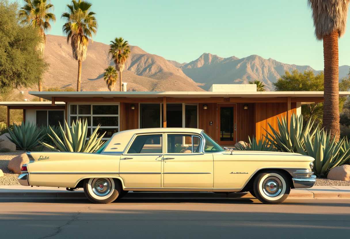This image is a highresolution photograph that captures a vintage car parked in front of a midcentury modern home. The art style of the image is reminiscent of a sunny, warm day in a desert setting, with a focus on the interplay of light and shadow, and the use of a muted color palette that conveys a sense of calm and nostalgia.The medium of the image is photography, and it has been edited to enhance the contrast and saturation, giving it a polished and almost cinematic quality. The colors in the image are soft and harmonious, with a predominance of earthy tones such as beige, brown, and green, which complement the pale yellow of the car. The sky is a clear, pale blue, and the shadows cast by the car and the house are long and pronounced, indicating a time close to either sunrise or sunset.The objects in the image include1. A vintage car with a pale yellow body and chrome details, parked on a paved road. The car has a classic design with a long hood and short rear deck, and it is equipped with whitewall tires and chrome hubcaps.2. A midcentury modern home with a flat roof, large glass windows, and a clean, geometric design. The house is constructed with a combination of wood and glass, and it is set against a backdrop of a mountainous landscape.3. Surrounding the house and car are various desert plants and shrubs, including tall palm trees, agave plants, and a variety of succulents. The plants are well manicured and arranged in circular patterns around the house, creating a symmetrical and balanced aesthetic.4. There are also a few rocks and boulders scattered around the landscape, adding texture and depth to the scene.Overall, the image exudes a sense of tranquility and timelessness, capturing a moment in a sunny, desert setting that feels both familiar and exotic.