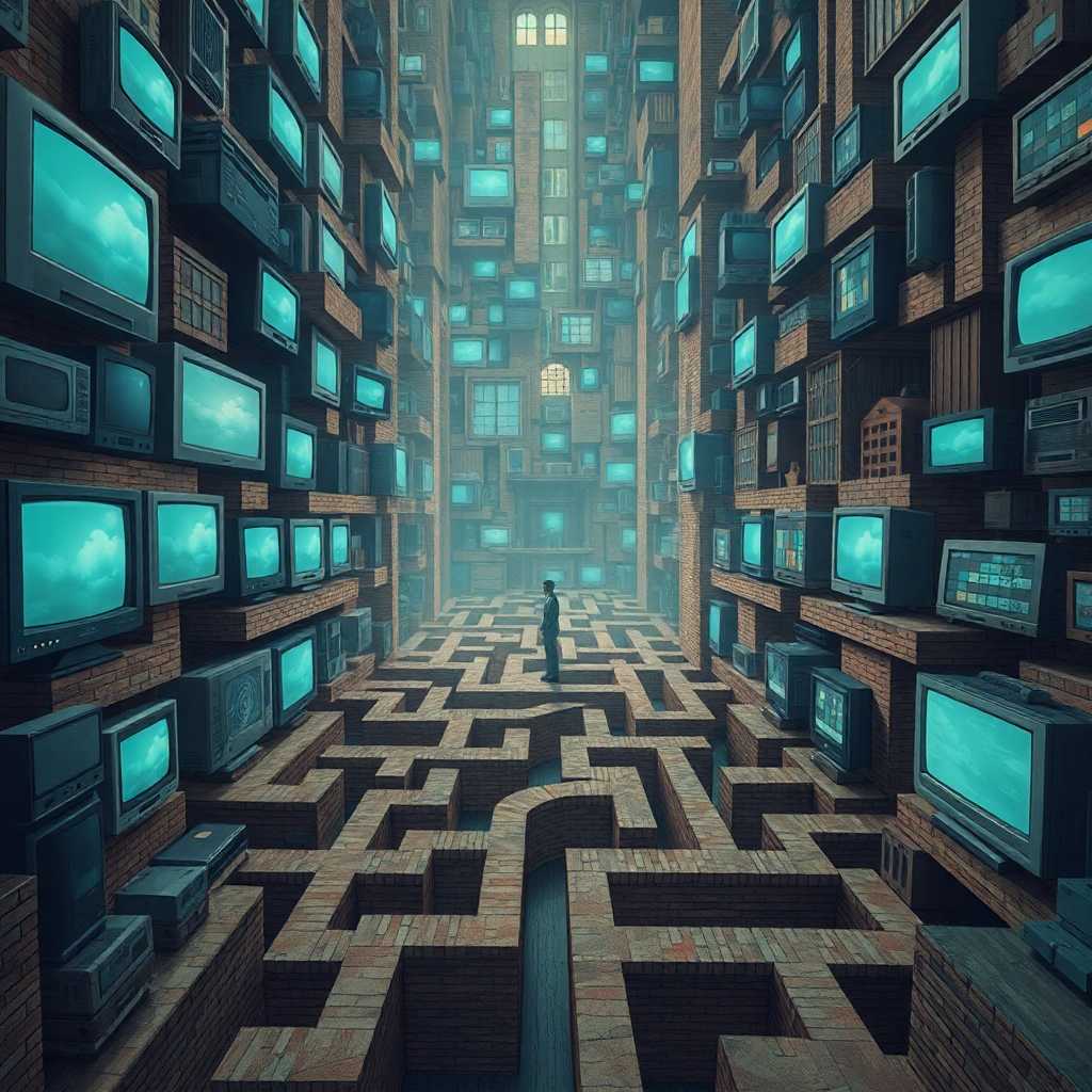 Title: "Symbols of Society Maze"

A mysterious and thought-provoking scene set in a vast, intricate maze with towering walls composed of a collage of symbols representing different facets of society. Positioned centrally within the maze is a small, solitary figure, depicted with a sense of bewilderment and introspection. The maze's towering walls are a meticulously detailed tapestry of  televisions, computers, school buildings, and office buildings, each seamlessly interwoven to form an endless labyrinthine path.

**Visual Details**: The walls of the maze feature an exquisite array of textures, the reflective glass screens of televisions and computers, and the brickwork of institutional buildings. Each object is rendered with a hyper-realistic finish, spotlighting the distinct differences in material and form, from the smooth, glowing surfaces of digital devices.

**Style**: The scene is illustrated in a surrealist art style, characterized by its dreamlike blending of reality and imagination, reminiscent of Salvador Dalí or René Magritte. This style accentuates the puzzling and abstract nature of society's constructs.

**Composition**: The maze is depicted from a bird’s-eye view, offering a vast perspective of its complexity, with the small figure at