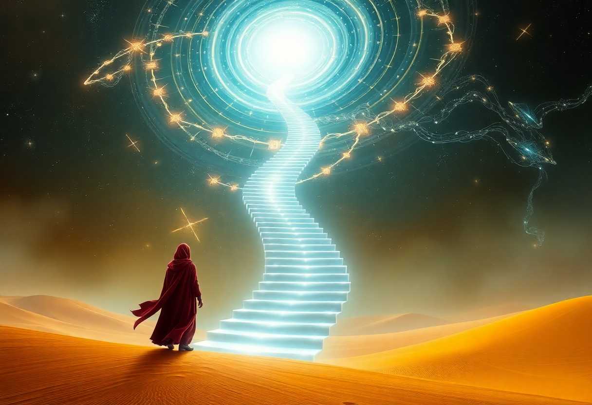 A lone figure in a flowing red cloak stands at the base of a luminous, ethereal staircase spiraling up into a cosmic sky. The staircase begins in a golden desert with sand dunes and ascends through swirling patterns of light and energy. At the top of the staircase is a brilliant white light source. The sky is filled with celestial patterns, stars, and wisps of glowing energy. The overall atmosphere is mystical and dreamlike, with a contrast between the warm desert tones and the cool, ethereal lights of the staircase and sky. Photorealistic style blended with fantasy elements.