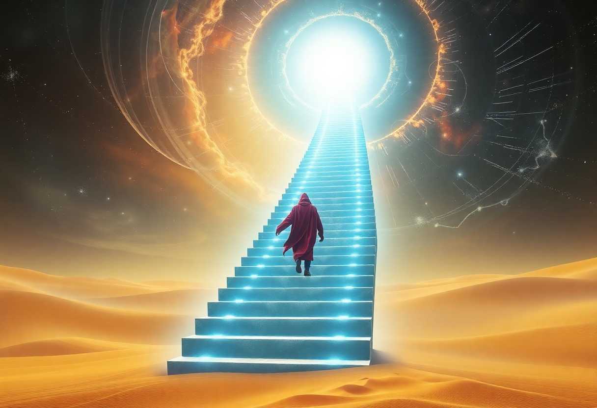 A lone figure in a flowing red cloak stands at the base of a luminous, ethereal staircase spiraling up into a cosmic sky. The staircase begins in a golden desert with sand dunes and ascends through swirling patterns of light and energy. At the top of the staircase is a brilliant white light source. The sky is filled with celestial patterns, stars, and wisps of glowing energy. The overall atmosphere is mystical and dreamlike, with a contrast between the warm desert tones and the cool, ethereal lights of the staircase and sky. Photorealistic style blended with fantasy elements.