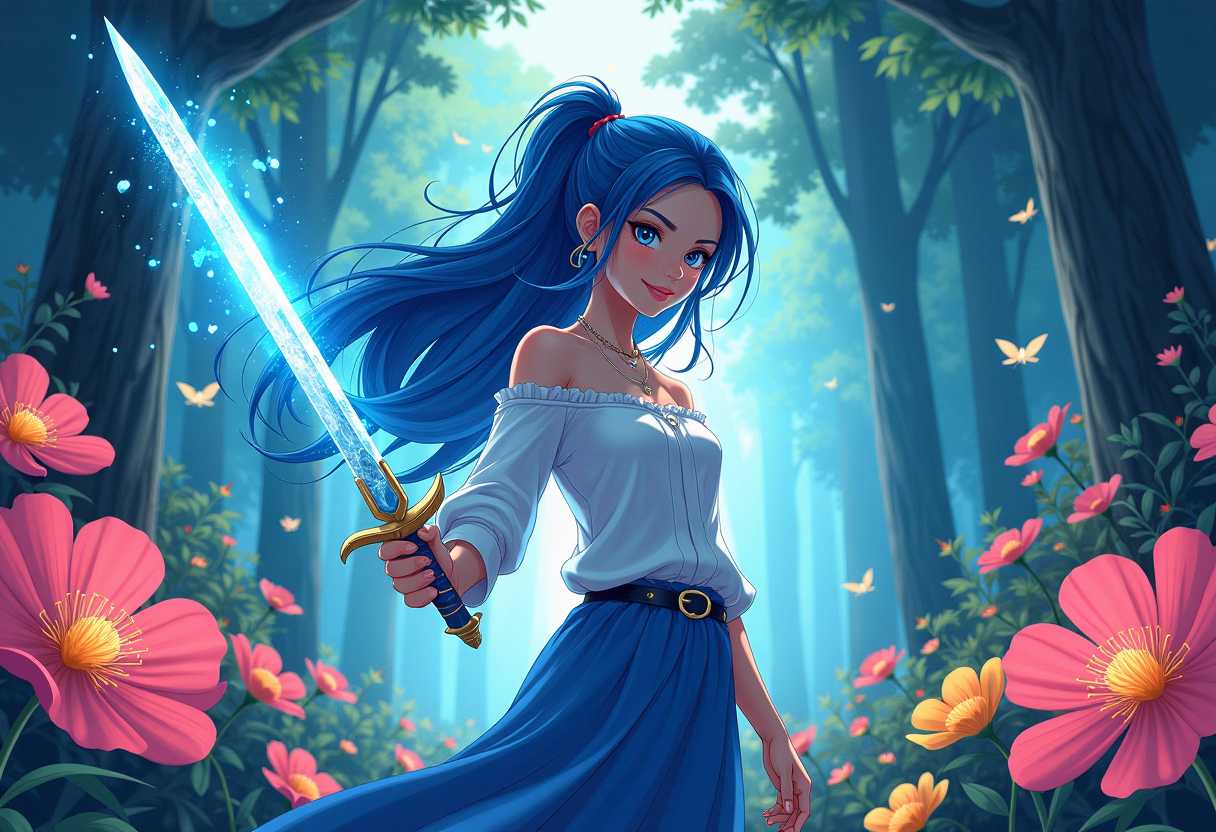An anime-style illustration of a young woman with striking blue hair, holding a sword forged from water and ice, sparkling with magical energy. She stands in a vibrant, fantastical forest filled with oversized, colorful flowers and fluttering magical creatures. The scene is infused with dynamic lines and vibrant colors, emphasizing her power and the enchanting nature of her surroundings.
