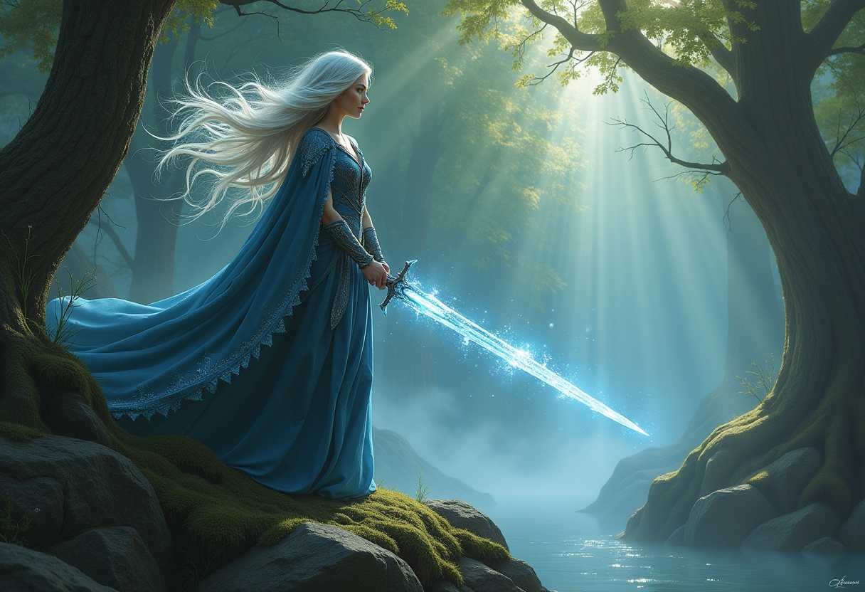 A realistic portrayal of a fierce woman with flowing silver hair, wielding a shimmering sword made of water and ice. She stands poised on a rocky outcrop in a magical forest, where ethereal mist swirls around ancient trees. The scene is illuminated by soft, natural light filtering through the forest canopy, casting intricate shadows on the moss-covered ground.
