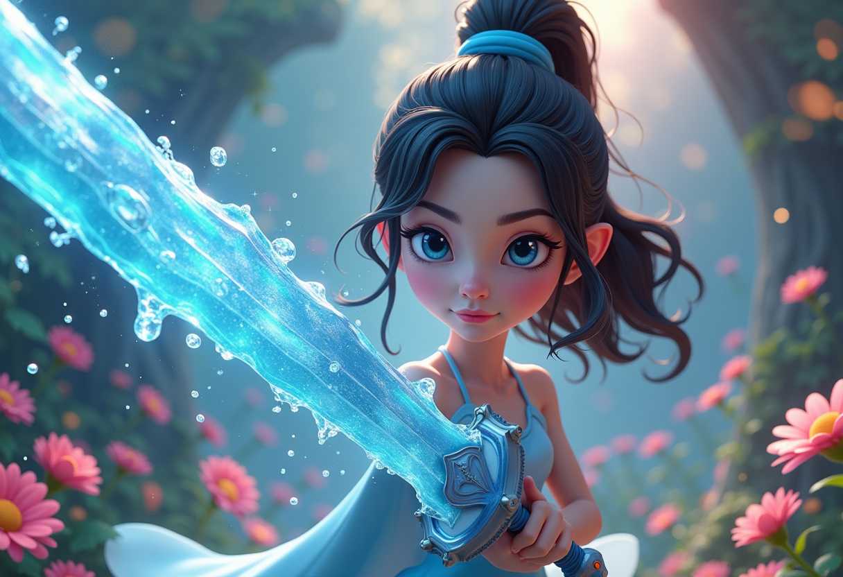 A CGI-rendered scene featuring a determined woman with vibrant, animated features, brandishing a sword crafted from water and ice. She is surrounded by a whimsical, magical landscape full of fantastical flora and glowing, floating orbs. The lighting is dynamic, with playful reflections and refractions on the water elements of her sword, creating a lively and enchanting atmosphere.
