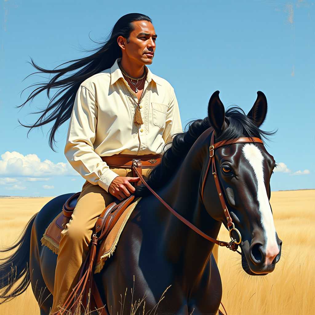 Native American Man with long black hair in a braid wearing a long sleeve white shirt and riding on a beautiful black with white on its face horse, the sky is bright blue and a field of golden grass. Textured painterly, soft brush strokes hyper detailed
