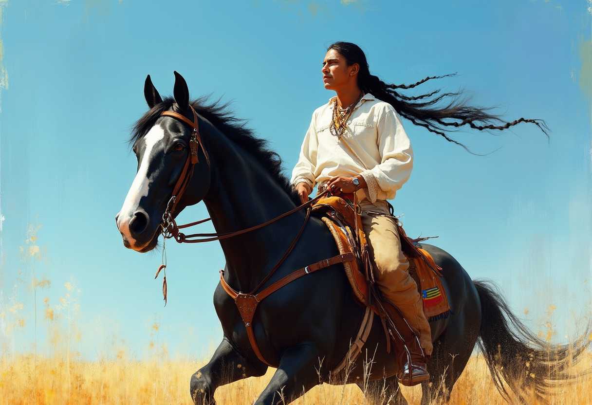 Native American Man with long black hair in a braid wearing a long sleeve white shirt and riding on a beautiful black with white on its face horse, the sky is bright blue and a field of golden grass. Textured painterly, soft brush strokes hyper detailed