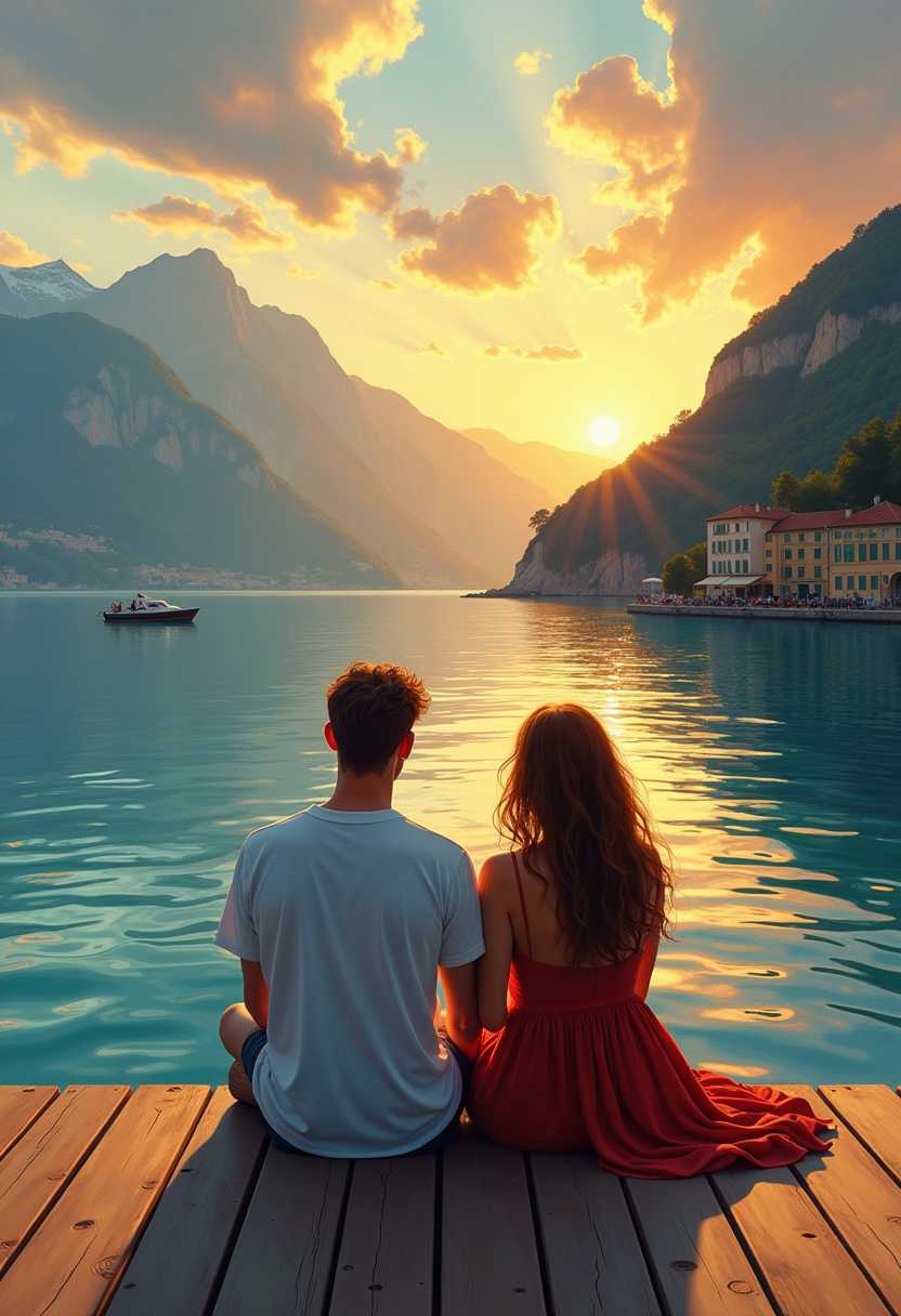 A painting of a couple , sitting on a pier, fine art painting, inspired by Cyril Rolando, street art, cinq terre, painting by dan mumford, afremov, golden hour. hyper-realism hd 8k