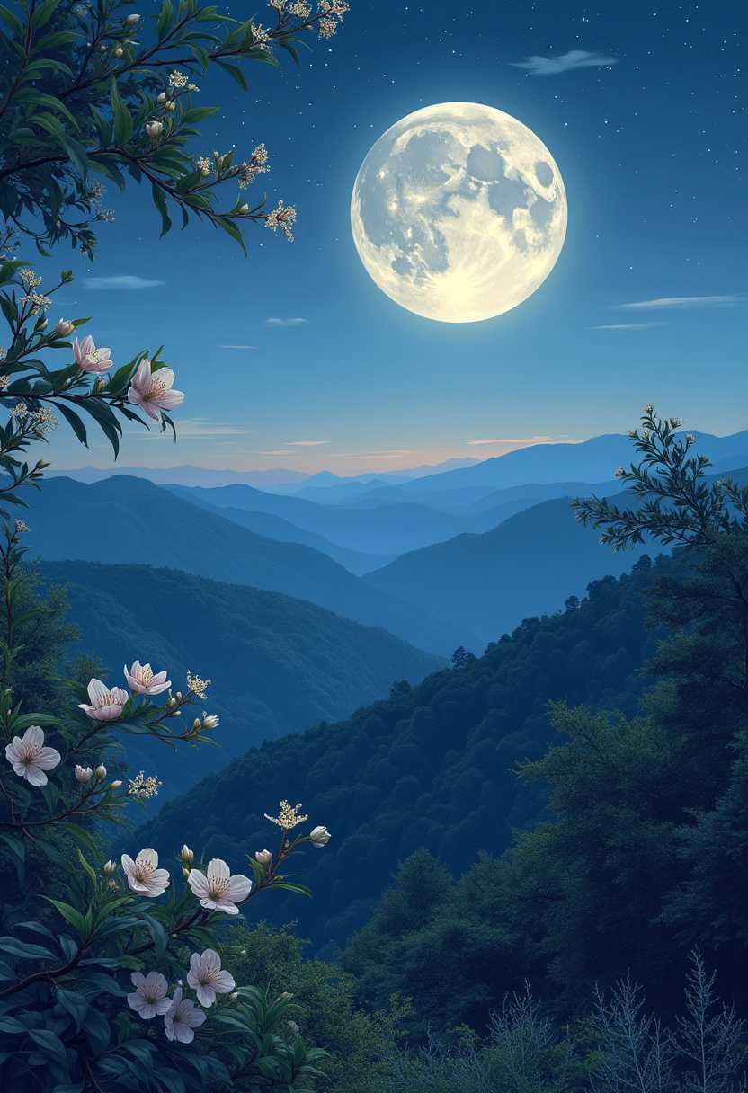 Title: Moonlit Serenity Over Blue Ridge

Prompt: Under a clear night sky, the luminous full moon rises majestically above the undulating silhouettes of the Blue Ridge Mountains. The moon, with its gentle glow, casts a soft, nurturing light over the tranquil landscape, reminiscent of a mother watching lovingly over her slumbering child. The scene is bathed in a serene, silvery-blue hue, with delicate shadows enhancing the mountains' contours. The air is filled with the intoxicatingly sweet aroma of blooming honeysuckles, their tiny blossoms gently swaying in a cool night breeze. Captured from a low vantage point, the composition draws the eye upwards towards the celestial body, emphasizing the vastness of the sky. The ambient moonlight creates a peaceful, almost ethereal atmosphere, enveloping the viewer in a sense of calm solitude. Rendered in a realistic art style with subtle impressionistic touches, focusing on the intricate textures of the foliage and the moon's surface. The image captures the essence of a tranquil night, evoking feelings of comfort and timeless beauty.