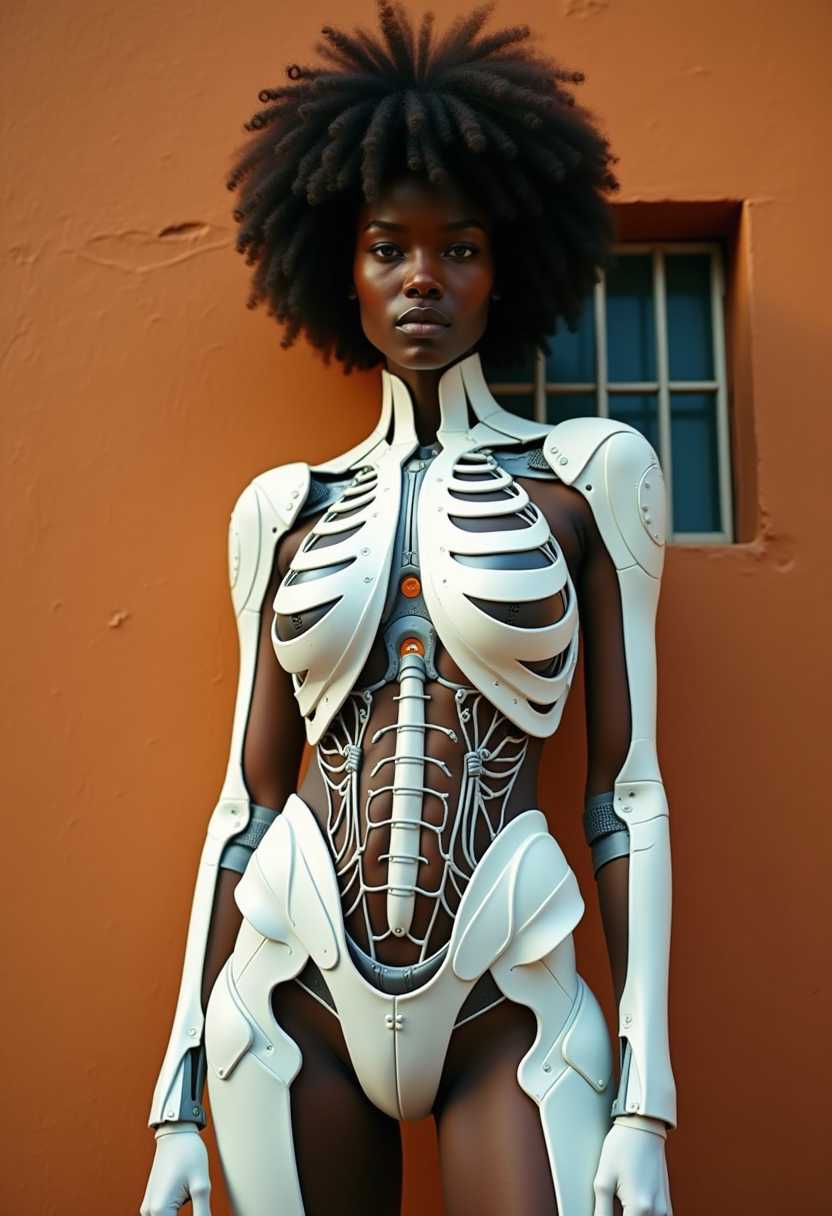 This image features a figure, looking at viewer, with a striking and surreal appearance. The subject is wearing a body suit that is a fusion of human anatomy and mechanical elements, resembling a hightech, futuristic corset. The suit is predominantly white, with a complex, skeletal framework that appears to be made of metal or a similar material. The framework is intricate, with a network of lines and shapes that mimic the structure of the human skeletal system, but with a distinctly mechanical twist.The suits design is accentuated by the use of what seems to be clear, plexiglasslike elements that are embedded within the framework. These elements are shaped to replicate the appearance of human organs, such as the heart and lungs, and are positioned in a way that suggests they are part of the suits internal workings. The suit also includes what appear to be mechanical joints and segments that could be interpreted as muscles or tendons, further emphasizing the mechanical fusion with the human form.The subjects skin tone is dark, and their hair is voluminous and curly, standing erect around their head. The hairs texture and volume contrast with the sleek, rigid lines of the suit, adding a sense of organic movement to the otherwise mechanical composition.The background of the image is a simple, textured wall with a small barred window, painted in a warm, ochre tone. This background provides a stark contrast to the cool, white tones of the suit, drawing the viewers focus to the figure and their attire.The lighting in the image is dramatic, with the subject being backlit, casting a silhouette against the wall. This lighting technique emphasizes the contours and shapes of the suit, giving it a threedimensional appearance and a sense of depth.Overall, the art style of the image is a blend of surrealism and science fiction, with a focus on the juxtaposition of organic and mechanical elements. The medium appears to be a combination of photography and digital manipulation, given the smooth, seamless integration of the suit onto the subjects body and the high level of detail in the suits design. The colors are limited, with the white of the suit standing out against the warm tones of the background, and the subjects skin tone adding a touch of natural color to the composition.