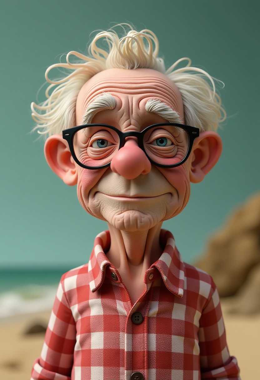 This image features a cold bleak beach background and an elderly man that appears to be a stopmotion clay animation figure. The art style is whimsical and cartoonish, with exaggerated facial features and a playful, fantastical quality. The medium seems to be a soft, pliable clay, which is a common material for stopmotion animation.The character is predominantly pink with a few touches of blue and brown. The skin texture is rough and uneven, giving the appearance of a handcrafted object. The hair is a wild, curly mass of brown clay, adding to the characters quirky and animated appearance. The colors in the image are warm and muted, with a soft palette that includes earthy tones. The mans skin is rendered in various shades of pink and beige, with realistic veins and creases visible on his forehead and around his eyes. His hair is white and sparse, with individual strands carefully detailed.The subject is wearing a red and white checkered shirt with a buttonup collar. The fabric of the shirt is depicted with realistic folds and creases, and the texture of the weave is visible. The buttons are a darker red, providing a contrast to the lighter shirt.The man is wearing a pair of blackrimmed glasses with a thick frame, which adds to the overall realism of the image. The glasses are slightly tinted and reflect light, giving them a threedimensional appearance.The background is a simple, nondescript gradient of muted greens and grays, which serves to focus the viewers attention on the subject. There are no other objects or people in the image, emphasizing the isolation and introspective nature of the subject.Overall, the image is a skillful representation of an elderly man, capturing the essence of his appearance and the details of his clothing with great attention to realism and texture.
