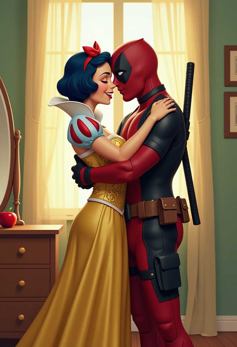 This image is a digital artwork that combines elements of classic Disney animation with modern comic book aesthetics. The characters depicted are Snow White and Deadpool, being intimate, hugging, two iconic figures from their respective universes. The art style is a blend of 3D modeling and digital painting, with a high level of detail and realism.Snow White is portrayed with a modern twist, wearing a golden corset with intricate designs and a matching skirt. Her iconic blue bob haircut is styled with a red bow, and her expression is one of surprise and delight. The color palette for Snow White is warm and vibrant, with a focus on gold, red, and white hues.Deadpool, on the other hand, is depicted in his classic red and black suit, with a utility belt and holstered weapons. His expression is one of smug confidence, and his posture suggests readiness for action. The color palette for Deadpool is bold and striking, with a focus on red, black, and metallic accents.The background of the image is a cozy, domestic interior, with a large window allowing sunlight to filter through sheer curtains. The room has a soft, pastel color scheme, with muted tones of green, yellow, and brown. There is a wooden dresser with a mirror, and a small red apple on top, which is a nod to Snow Whites story. The floor is a light brown, and the overall atmosphere of the room is warm and inviting.The medium used to create this artwork is digital painting, which allows for a high level of detail and realism. The textures are smooth and lifelike, with careful attention to the lighting and shadows to give the characters and objects depth and dimension. The overall effect is a striking and imaginative crossover between two very different worlds.