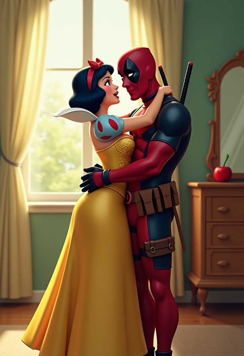 This image is a digital artwork that combines elements of classic Disney animation with modern comic book aesthetics. The characters depicted are Snow White and Deadpool, being intimate, hugging, two iconic figures from their respective universes. The art style is a blend of 3D modeling and digital painting, with a high level of detail and realism.Snow White is portrayed with a modern twist, wearing a golden corset with intricate designs and a matching skirt. Her iconic blue bob haircut is styled with a red bow, and her expression is one of surprise and delight. The color palette for Snow White is warm and vibrant, with a focus on gold, red, and white hues.Deadpool, on the other hand, is depicted in his classic red and black suit, with a utility belt and holstered weapons. His expression is one of smug confidence, and his posture suggests readiness for action. The color palette for Deadpool is bold and striking, with a focus on red, black, and metallic accents.The background of the image is a cozy, domestic interior, with a large window allowing sunlight to filter through sheer curtains. The room has a soft, pastel color scheme, with muted tones of green, yellow, and brown. There is a wooden dresser with a mirror, and a small red apple on top, which is a nod to Snow Whites story. The floor is a light brown, and the overall atmosphere of the room is warm and inviting.The medium used to create this artwork is digital painting, which allows for a high level of detail and realism. The textures are smooth and lifelike, with careful attention to the lighting and shadows to give the characters and objects depth and dimension. The overall effect is a striking and imaginative crossover between two very different worlds.