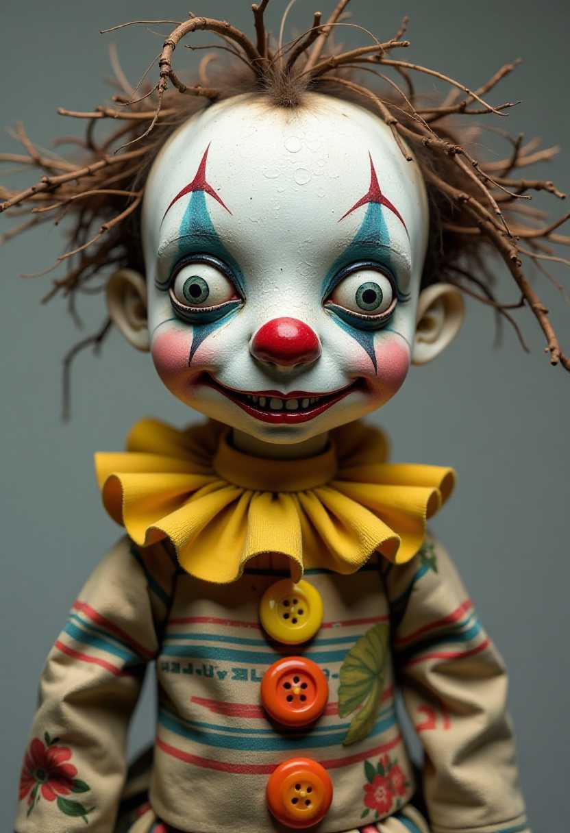 This image features a closeup of a clown doll, which is a blend of whimsical and slightly eerie elements. The dolls face is the focal point, with a textured, almost crumpled appearance that gives it a threedimensional effect. The dolls skin is a canvas of various colors, primarily a white base with blue and green shading around the eyes, which are detailed with black and white to create a lifelike effect. The eyes are large and expressive, with a hint of a smile and a twinkle in them, which contrasts with the otherwise somber and slightly disheveled look of the doll.The clowns nose is a bright red, which stands out against the muted tones of the face. The mouth is curved into a smile, with red lipstick that matches the nose, and the teeth are visible, adding to the dolls eerie charm. The dolls hair is a tangle of twigs and what appears to be strands of fabric, giving it a wild and untamed look.The doll is dressed in a costume that is a patchwork of various fabrics and patterns. The collar is a bright yellow with a ruffled edge, and the shirt is a mix of stripes and floral patterns in earthy tones, with red and green accents. The buttons on the shirt are a cheerful assortment of colors, including orange, yellow, and green, which adds a pop of color to the otherwise muted palette.The dolls arms are visible, and they are also adorned with fabric and buttons, continuing the patchwork theme. The dolls hands are clasped together in front, and the fingers are detailed with what appears to be painted nails.The overall art style of the doll is reminiscent of a folk art or outsider art aesthetic, with a focus on texture and a slightly unsettling charm. The medium seems to be a combination of fabric, paper, and possibly found objects, which gives the doll a unique and handcrafted quality. The colors are muted with pops of bright color, creating a contrast that emphasizes the dolls slightly unsettling presence.