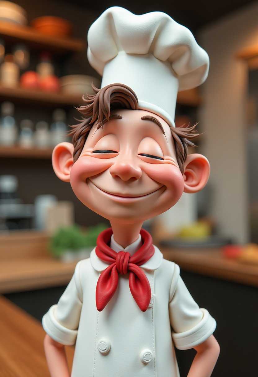 This image features a busy restaurant kitchen and a character that appears to be a stopmotion clay animation figure. The art style is whimsical and cartoonish, with exaggerated facial features and a playful, fantastical quality. The medium seems to be a soft, pliable clay, which is a common material for stopmotion animation.The character is predominantly pink with a few touches of blue and brown. The skin texture is rough and uneven, giving the appearance of a handcrafted object. This image features a closeup of a chef. The chef is depicted with exaggerated facial features, which gives the sculpture a comical and whimsical appearance. The chefs attire includes a traditional white chefs hat, which is tall and conical, suggesting a sense of authority and culinary expertise.The chefs hair is styled in a messy fashion, with strands sticking out in various directions, adding to the overall playful and informal vibe of the sculpture. The chefs eyes are closed, and a content smile is visible, giving the impression that the chef is enjoying a moment of satisfaction or perhaps a successful culinary creation.The chefs neck is adorned with a red neckerchief, which is tied in a bow at the collar. The neckerchief adds a splash of color to the otherwise white ensemble and suggests a touch of personality and flair.The sculpture is crafted with a high level of detail, evident in the realistic rendering of the chefs skin texture, with visible creases and folds that give the sculpture a lifelike quality. The chefs clothing, including the chefs jacket, is also intricately designed with folds and creases that mimic the movement and wear of a chef in action.The sculpture is set against a neutral background, which ensures that all attention is focused on the chefs figure. The lighting in the image is soft and diffused, highlighting the textures and colors of the sculpture without casting harsh shadows.The medium of the sculpture is not immediately apparent from the image, but it appears to be a threedimensional object, given the shadows and highlights that give it depth. The colors used in the sculpture are primarily white and red, with subtle variations in the tones to create a sense of dimension and realism.Overall, the image captures a whimsical and joyful representation of a chef, crafted with attention to detail and a playful approach to the subject matter.