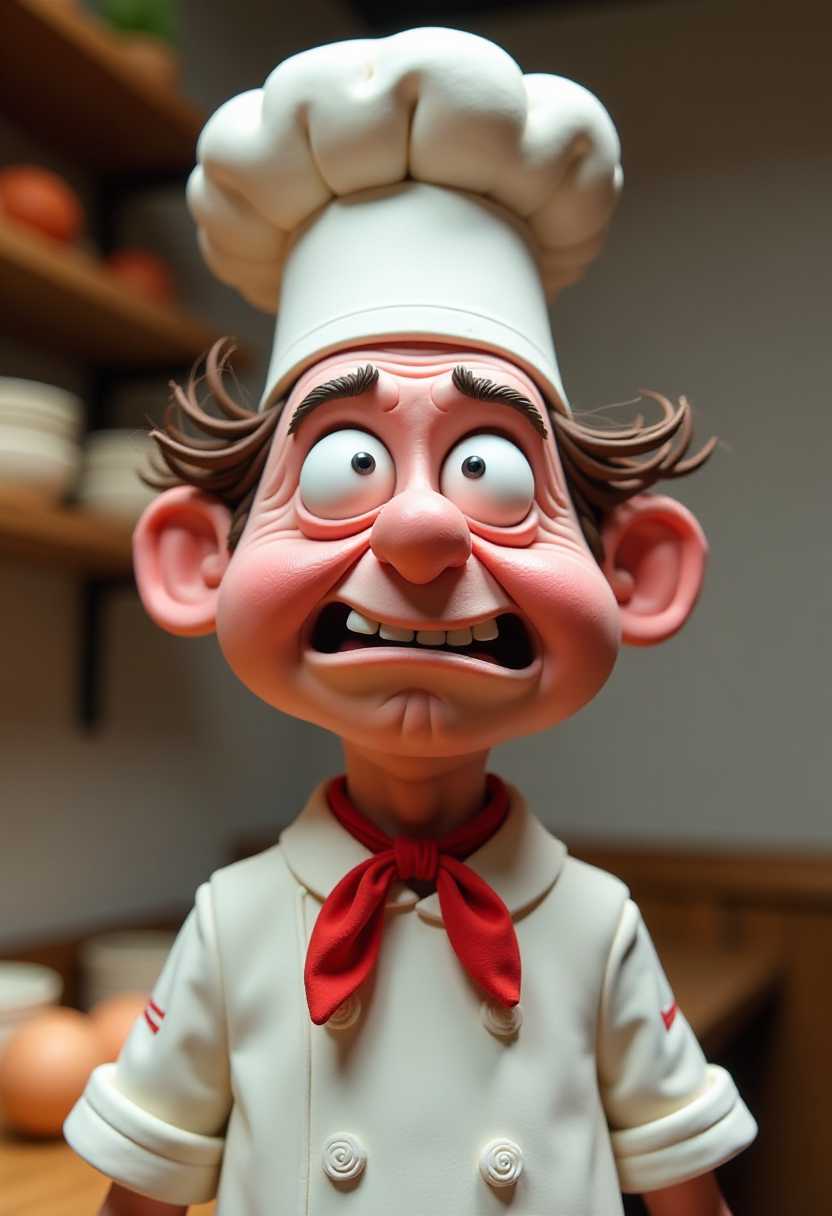 This image features a busy restaurant kitchen and a character that appears to be a stopmotion clay animation figure. The art style is whimsical and cartoonish, with exaggerated facial features and a playful, fantastical quality. The medium seems to be a soft, pliable clay, which is a common material for stopmotion animation.The character is predominantly pink with a few touches of blue and brown. The skin texture is rough and uneven, giving the appearance of a handcrafted object. This image features a closeup of a chef. The chef is depicted with exaggerated facial features, which gives the sculpture a comical and whimsical appearance. The chefs attire includes a traditional white chefs hat, which is tall and conical, suggesting a sense of authority and culinary expertise.The chefs hair is styled in a messy fashion, with strands sticking out in various directions, adding to the overall playful and informal vibe of the sculpture. The chefs eyes are wide open and an angry grimace is visible, giving the impression that the chef is losing self controk.The chefs neck is adorned with a red neckerchief, which is tied in a bow at the collar. The neckerchief adds a splash of color to the otherwise white ensemble and suggests a touch of personality and flair.The sculpture is crafted with a high level of detail, evident in the realistic rendering of the chefs skin texture, with visible creases and folds that give the sculpture a lifelike quality. The chefs clothing, including the chefs jacket, is also intricately designed with folds and creases that mimic the movement and wear of a chef in action.The sculpture is set against a neutral background, which ensures that all attention is focused on the chefs figure. The lighting in the image is soft and diffused, highlighting the textures and colors of the sculpture without casting harsh shadows.The medium of the sculpture is not immediately apparent from the image, but it appears to be a threedimensional object, given the shadows and highlights that give it depth. The colors used in the sculpture are primarily white and red, with subtle variations in the tones to create a sense of dimension and realism.Overall, the image captures a whimsical and joyful representation of a chef, crafted with attention to detail and a playful approach to the subject matter.