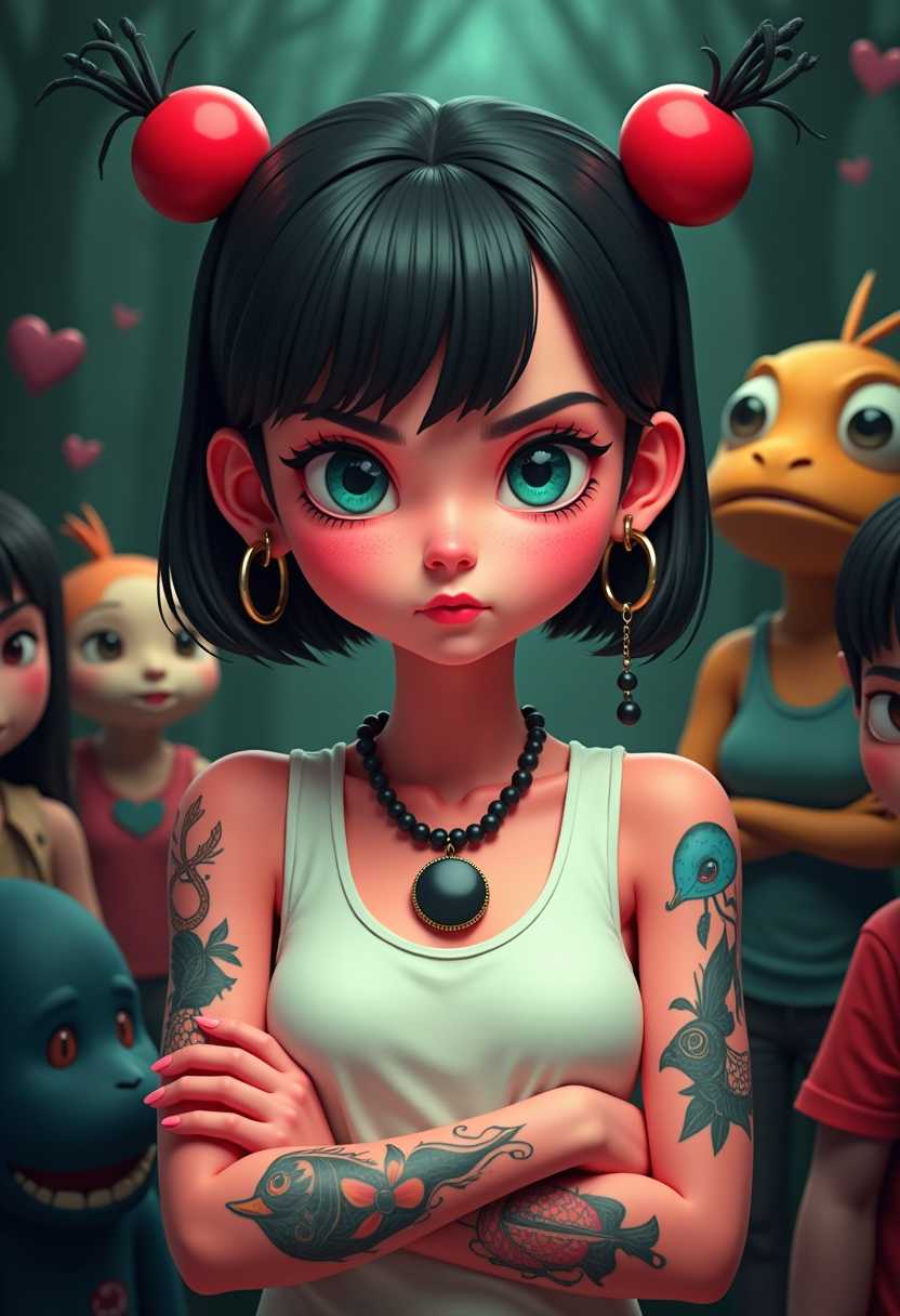 This image features a busy school bus and a character that appears to be a stopmotion clay animation figure. The art style is whimsical and cartoonish, with exaggerated facial features and a playful, fantastical quality. The medium seems to be a soft, pliable clay, which is a common material for stopmotion animation.The character is predominantly pink with a few touches of blue and brown. The skin texture is rough and uneven, giving the appearance of a handcrafted object. A young girl with a stern expression. The girl has short, dark hair with bangs and two red, spherical hair accessories that resemble cherries. Her piercing blue eyes are set under thick, dark eyebrows, and her ears are adorned with multiple earrings, including hoops and a dangling earring.She is wearing a sleeveless white top with a black necklace featuring a circular pendant. The girls arms are crossed, and her tattoos are prominently displayed. On her left arm, there is a tattoo of a bird with intricate detailing, and on her right arm, theres a tattoo of a fish swimming in a blue sea. There are also other tattoos on her arms, including a skull, a heart, and various other designs.The background of the painting is dark and moody, with a variety of other characters and creatures that appear to be fantastical or surreal. These characters are in various poses and expressions, and they are rendered in a similar digital art style to the central figure. The colors in the painting are primarily dark and muted, with some highlights of red and green from the girls hair accessories and the circular pendant on her necklace.Overall, the art style is realistic with a touch of fantasy, and the medium appears to be digital painting, given the smooth gradients and shading. The colors are rich and vibrant, with a focus on the contrast between the dark background and the bright colors of the girls hair accessories and tattoos.