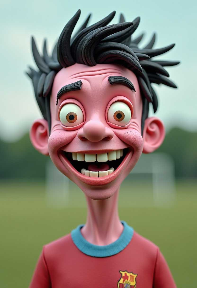 This image features a soccer field and a character that appears to be a stopmotion clay animation figure. The art style is whimsical and cartoonish, with exaggerated facial features and a playful, fantastical quality. The medium seems to be a soft, pliable clay, which is a common material for stopmotion animation.The character is predominantly pink with a few touches of blue and brown. The skin texture is rough and uneven, giving the appearance of a handcrafted object. The person has a distinctive hairstyle that appears to be a short, spiky cut with some strands sticking out at odd angles, giving a somewhat unkempt appearance.The art style of the photograph is reminiscent of a candid or documentary style, capturing a moment in a straightforward manner without embellishment. The medium seems to be film, given the graininess and texture visible in the image.The colors in the photograph are limited to black and white, which adds a timeless and classic feel to the image. The contrast between the dark hair and the lighter skin tone is pronounced, with the hair appearing almost silhouetted against the lighter background.There are no objects in the image aside from the persons hair and shoulders. The focus is entirely on the subjects features, which are obscured by a comical mask or makeup. The mask has exaggerated features, including large, round eyes with prominent pupils and irises, and a wide, toothy grin with sharp teeth. The overall effect is humorous and cartoonish, giving the subject a caricaturelike appearance.The lighting in the photograph is soft and diffused, with no harsh shadows or highlights, which contributes to the candid and unposed feel of the image.