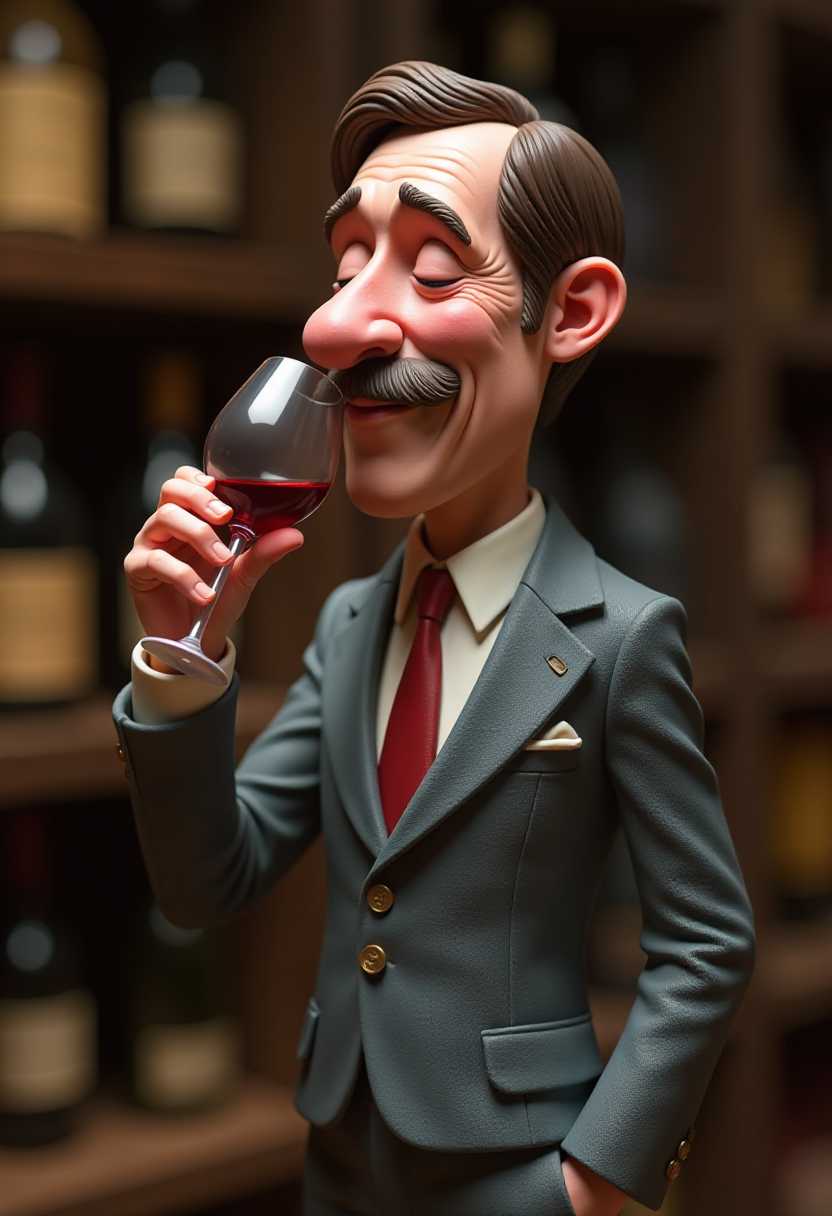 This image features a wie cellar and a character that appears to be a stopmotion clay animation figure. The art style is whimsical and cartoonish, with exaggerated facial features and a playful, fantastical quality. The medium seems to be a soft, pliable clay, which is a common material for stopmotion animation.The character is predominantly pink with a few touches of blue and brown. The skin texture is rough and uneven, giving the appearance of a handcrafted object. a man in a formal suit, engaging in the act of smelling or tasting wine from a glass. The sculpture is rendered in a realistic style with a touch of caricature, evident in the exaggerated features of the subject, such as the prominent mustache and the oversized nose.The man is depicted with his eyes closed, a gesture often associated with appreciation and enjoyment of wine. He is holding the wine glass with both hands, one gripping the stem and the other positioned near the base, suggesting a careful and deliberate action. The glass is a classic wine glass with a bowl that tapers to a narrow rim, which is ideal for swirling and smelling wine.The sculpture is dressed in a detailed suit with a gray jacket, a white shirt, and a red tie. The suit jacket is fastened with buttons, and the lapels are slightly raised, giving the impression of movement or a gentle breeze. The suit jacket has a pocket square peeking out from the left breast pocket, adding a touch of elegance.The sculptures left hand is raised to his nose, with fingers slightly curled, as if he is inhaling the aroma of the wine. The right hand is positioned near the waist, with fingers slightly curled, as if he is holding the glass steady or perhaps adjusting his stance.The lighting is soft and diffused, casting subtle shadows that give depth and dimension to the sculpture.The medium of the sculpture appears to be a type of polymer clay or a similar modeling compound, given the smooth texture and matte finish of the surface. The colors used are natural and muted, with the gray of the suit jacket, the white of the shirt, and the red of the tie creating a harmonious palette.Overall, the sculpture exudes a sense of sophistication and leisure, capturing a moment of appreciation for fine wine. The realistic style with a touch of caricature adds a playful and humorous aspect to the piece, making it both visually appealing and entertaining.
