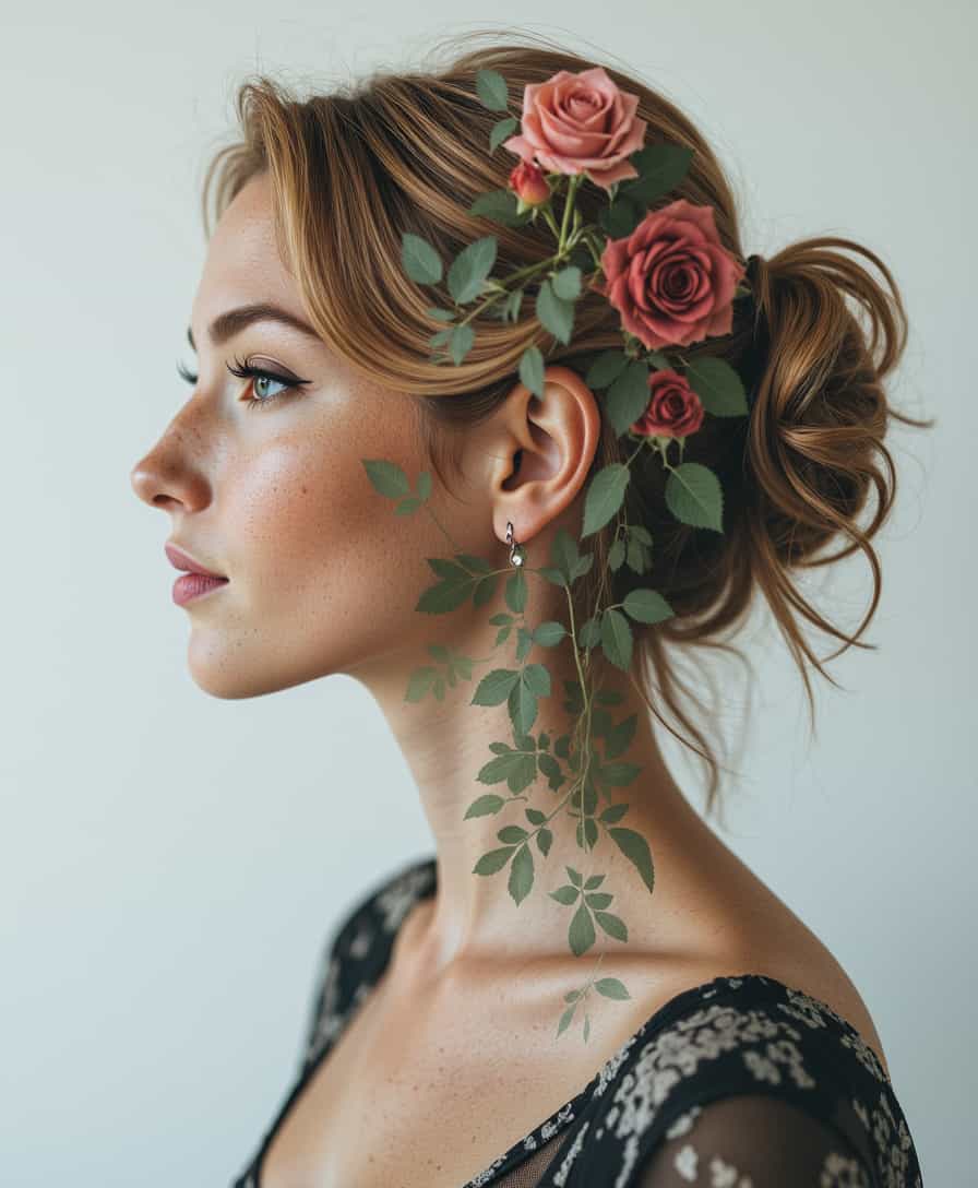 Profile of a Woman with Roses and Leaves in Her Hair, Wearing a Floral Top