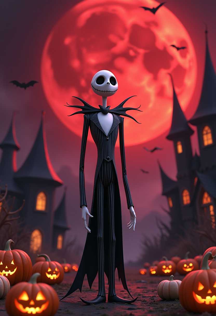 A medium shot of Jack Skellington in the Halloween town. He is standing under a black and red smoke-filled sky. The ground is littered with orange and white pumpkins. Jack is wearing his signature suit and tie. The background reveals the spooky Halloween town with its gothic architecture.