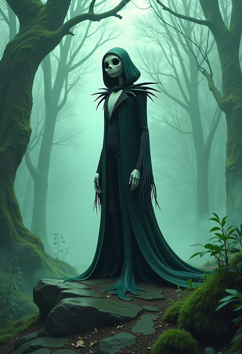 A captivating and avant-garde illustration of Jack Skellington standing and wearing a hooded robe that appears to be dripping with water or another liquid. The robe is draped over his shoulders and cascades down to the ground. Jack Skellington is standing on a rocky terrain with lush greenery. The background is a misty, ethereal forest with tall, twisted trees. The trees have gnarled branches and are covered with moss. The forest floor is covered with a thick layer of leaves. The overall atmosphere of the image is mysterious and otherworldly.