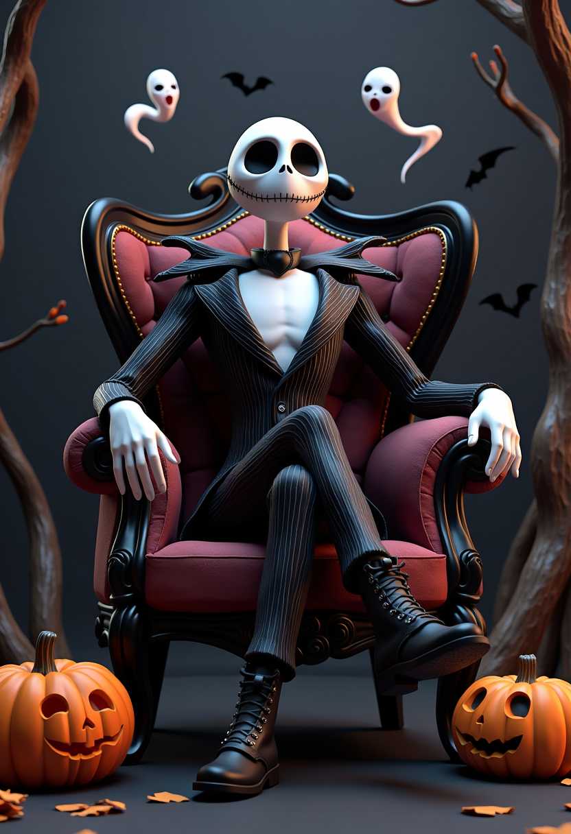 A 3D rendering of Jack Skellington sitting on an armchair decorated with a black and orange pumpkin and flying ghosts. Jack Skellington wears a black biker jacket with black leather pants and commando boots. The background is a dark night with some dry trees and bats.